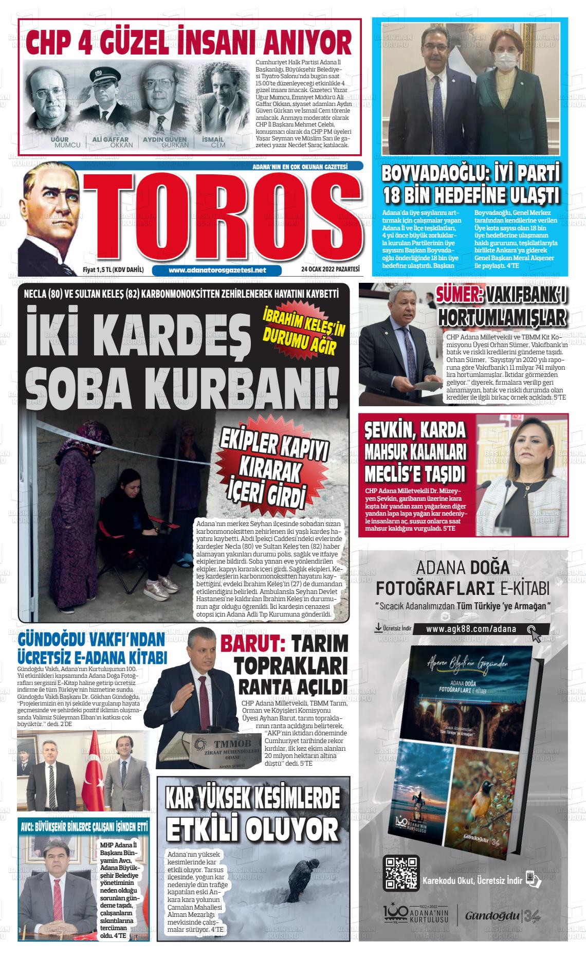 24 Ocak 2022 Toros Gazete Manşeti