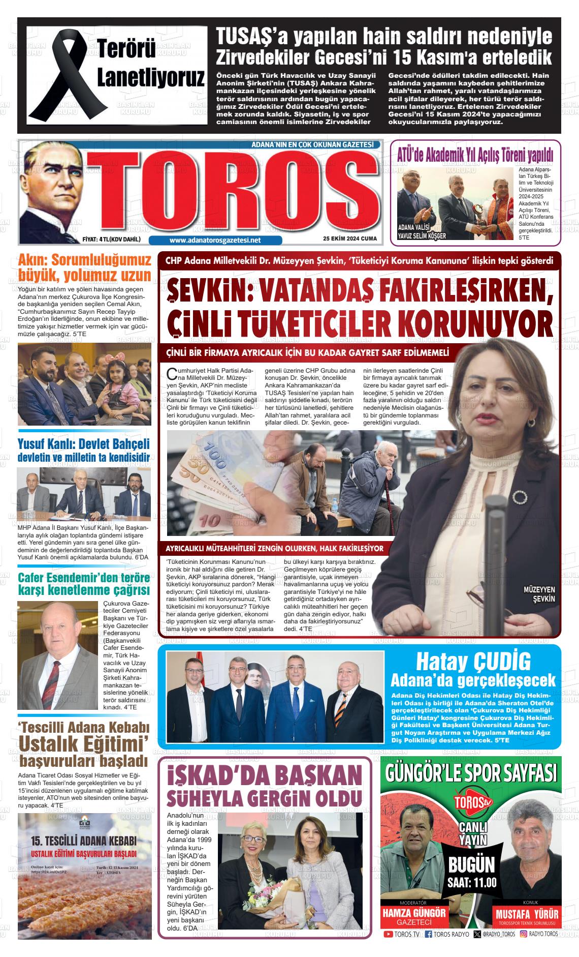 25 Ekim 2024 Toros Gazete Manşeti