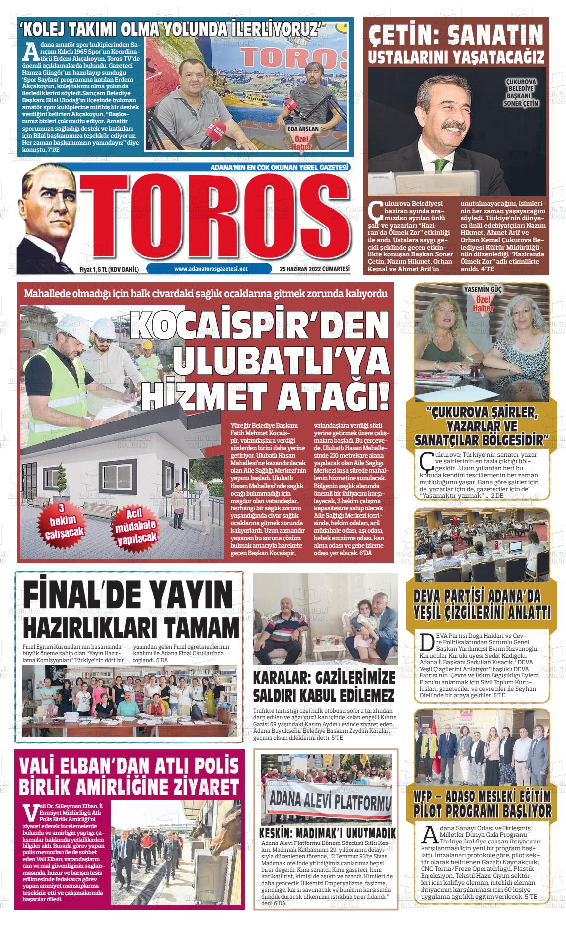 25 Haziran 2022 Toros Gazete Manşeti