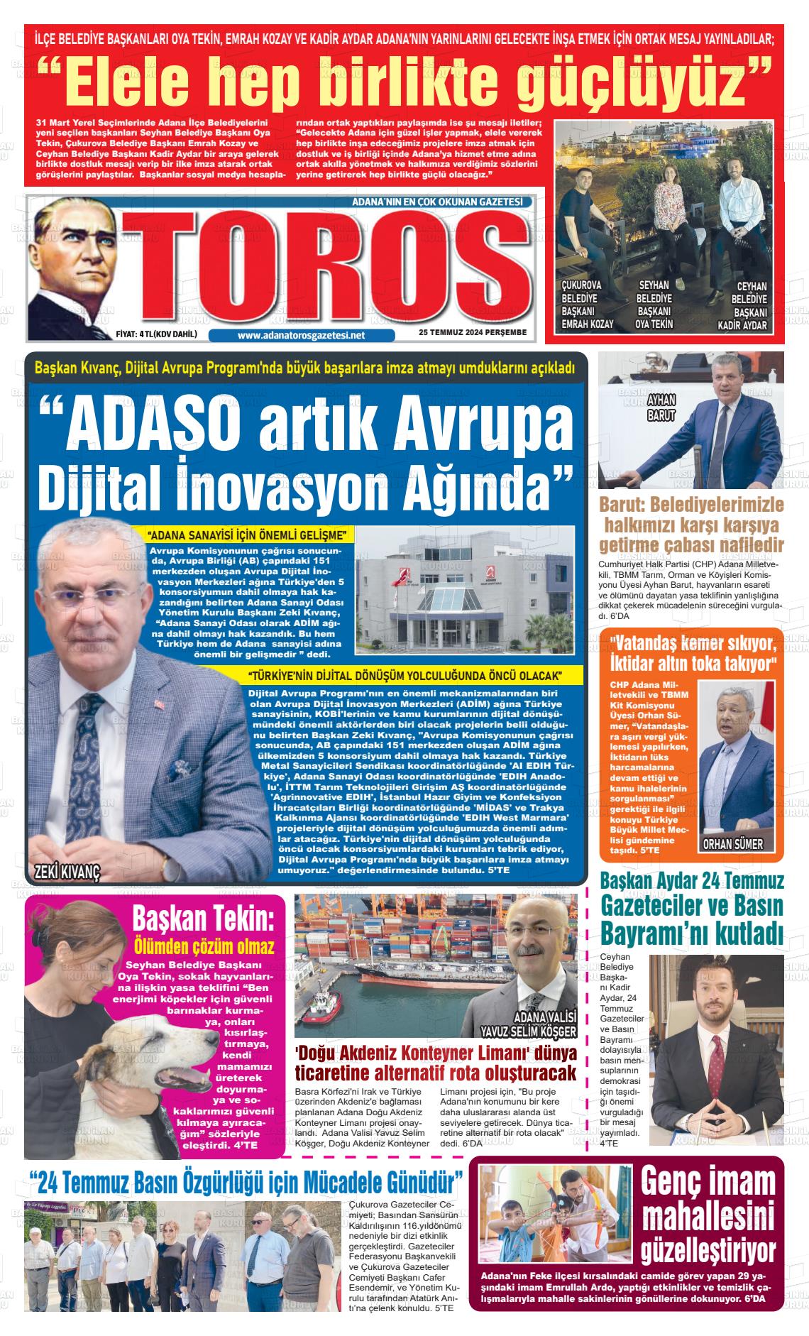 25 Temmuz 2024 Toros Gazete Manşeti