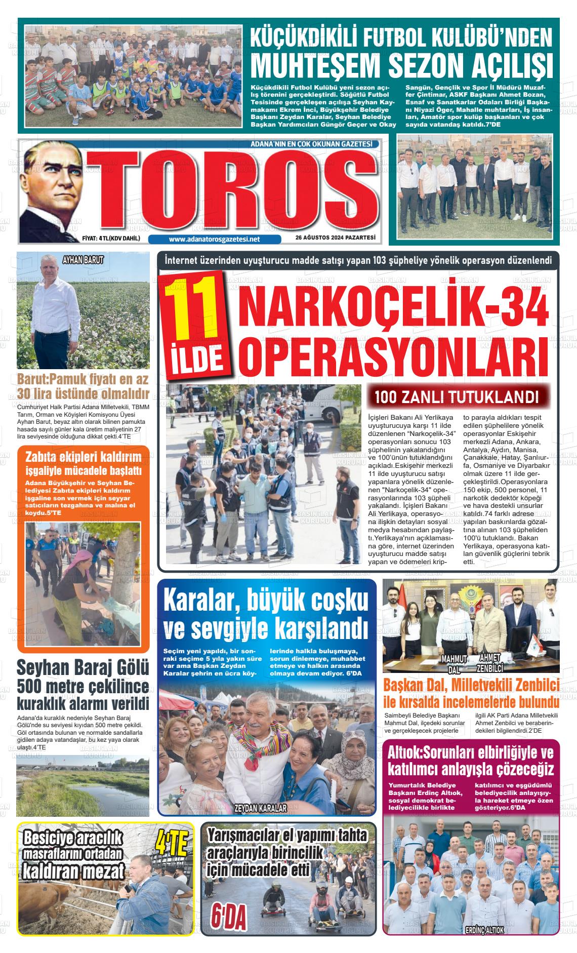 26 Ağustos 2024 Toros Gazete Manşeti