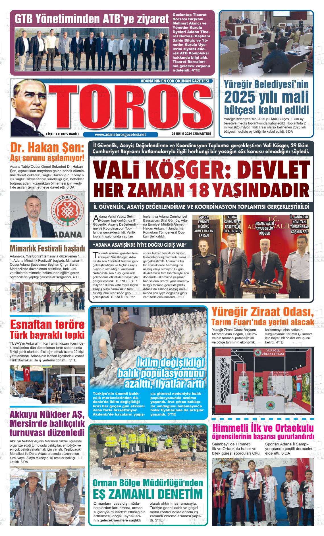 26 Ekim 2024 Toros Gazete Manşeti