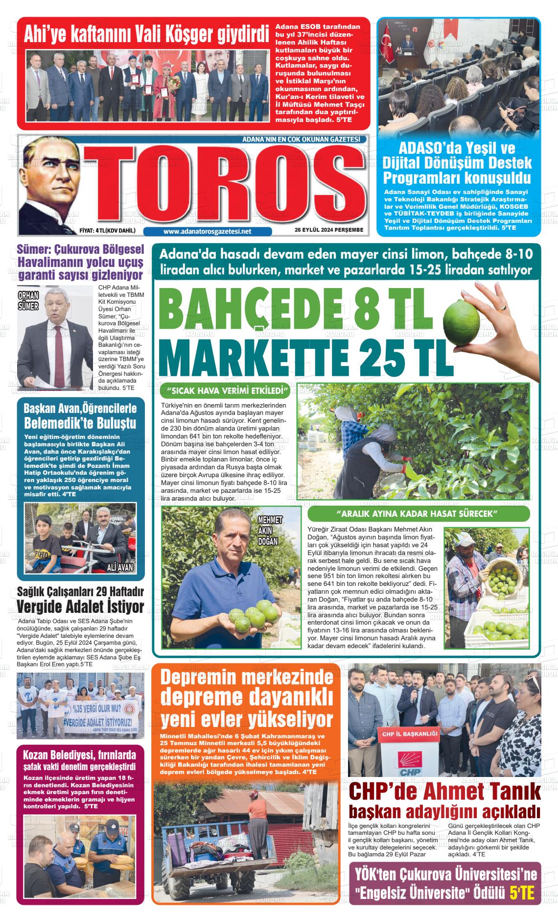 26 Eylül 2024 Toros Gazete Manşeti