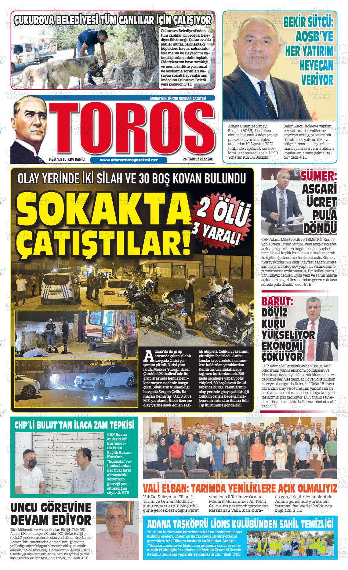 26 Temmuz 2022 Toros Gazete Manşeti