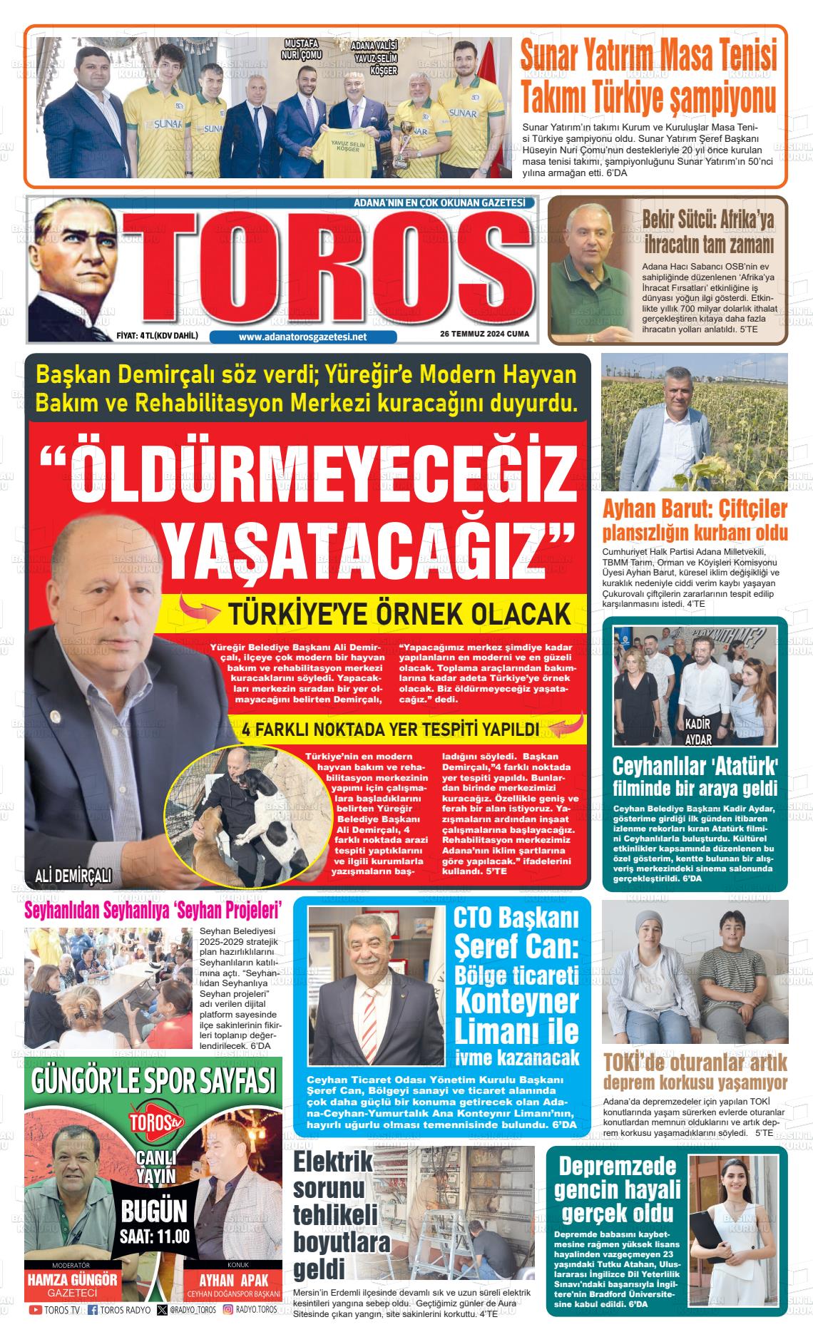 26 Temmuz 2024 Toros Gazete Manşeti