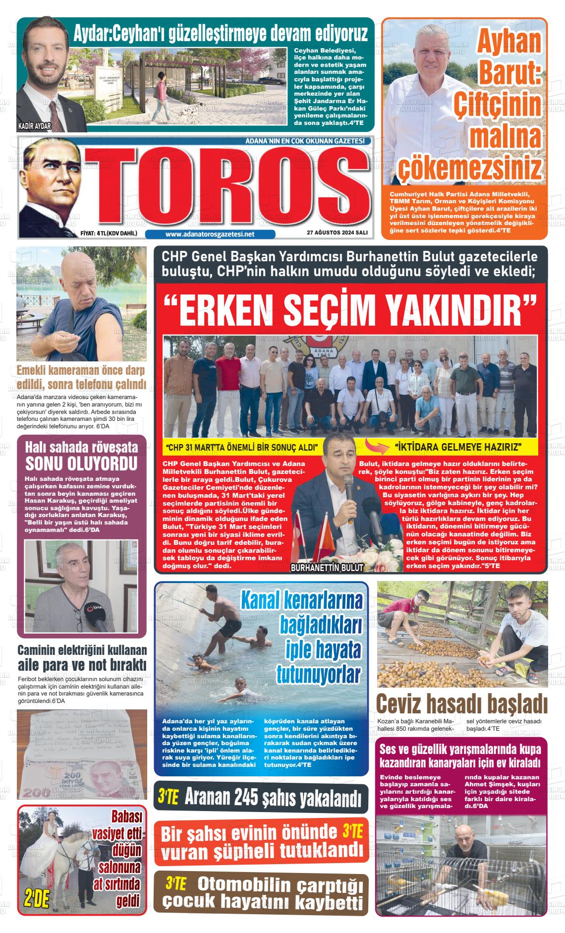 27 Ağustos 2024 Toros Gazete Manşeti