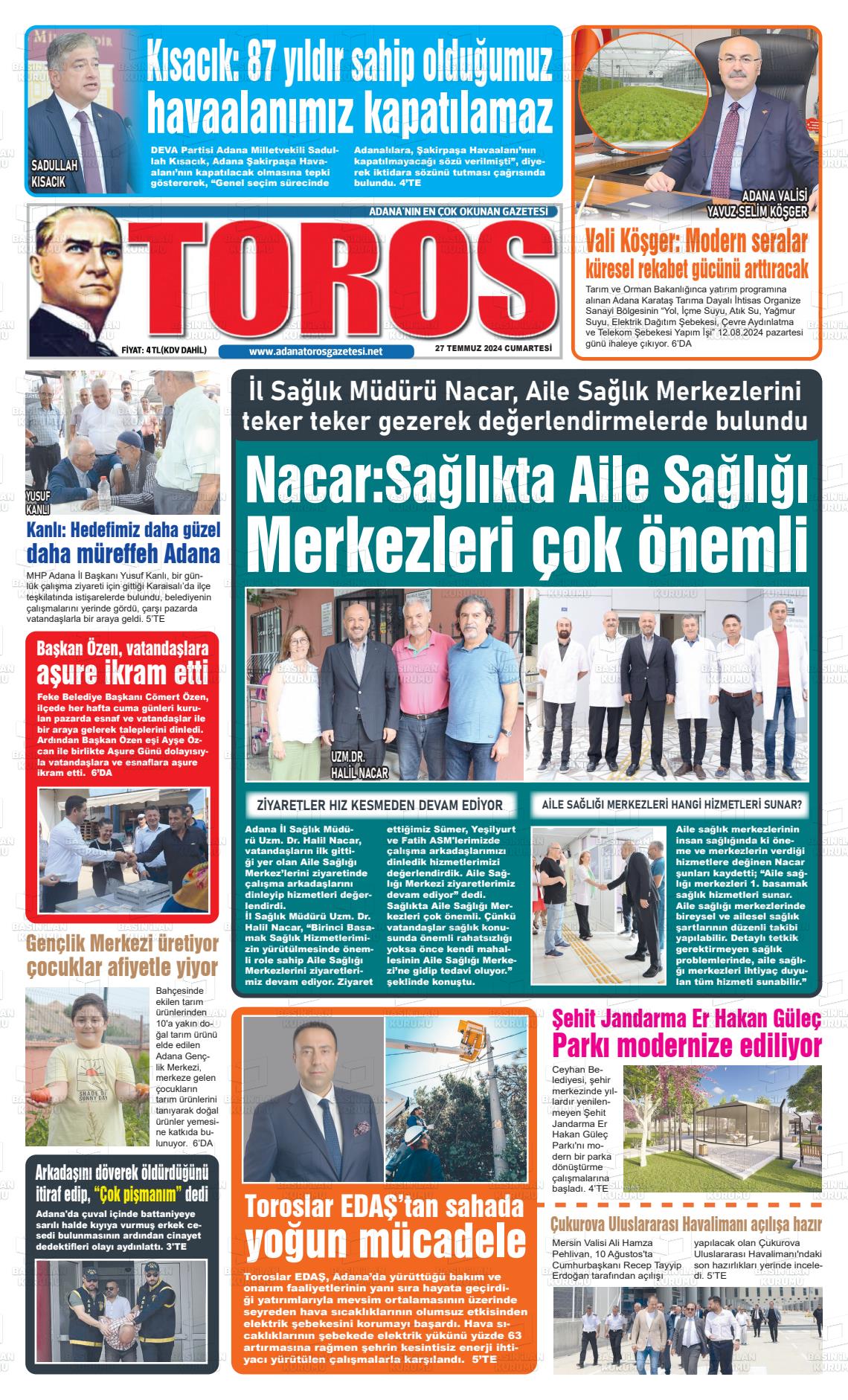 27 Temmuz 2024 Toros Gazete Manşeti