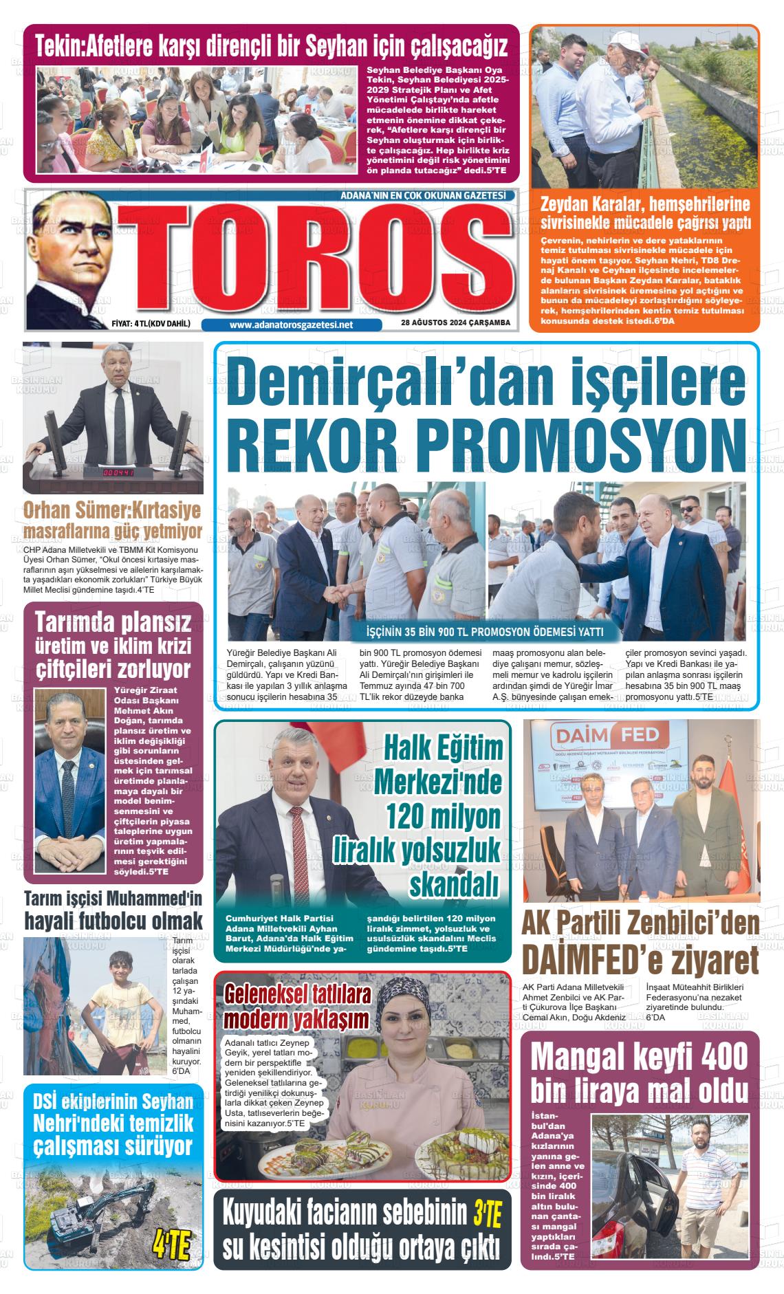 28 Ağustos 2024 Toros Gazete Manşeti