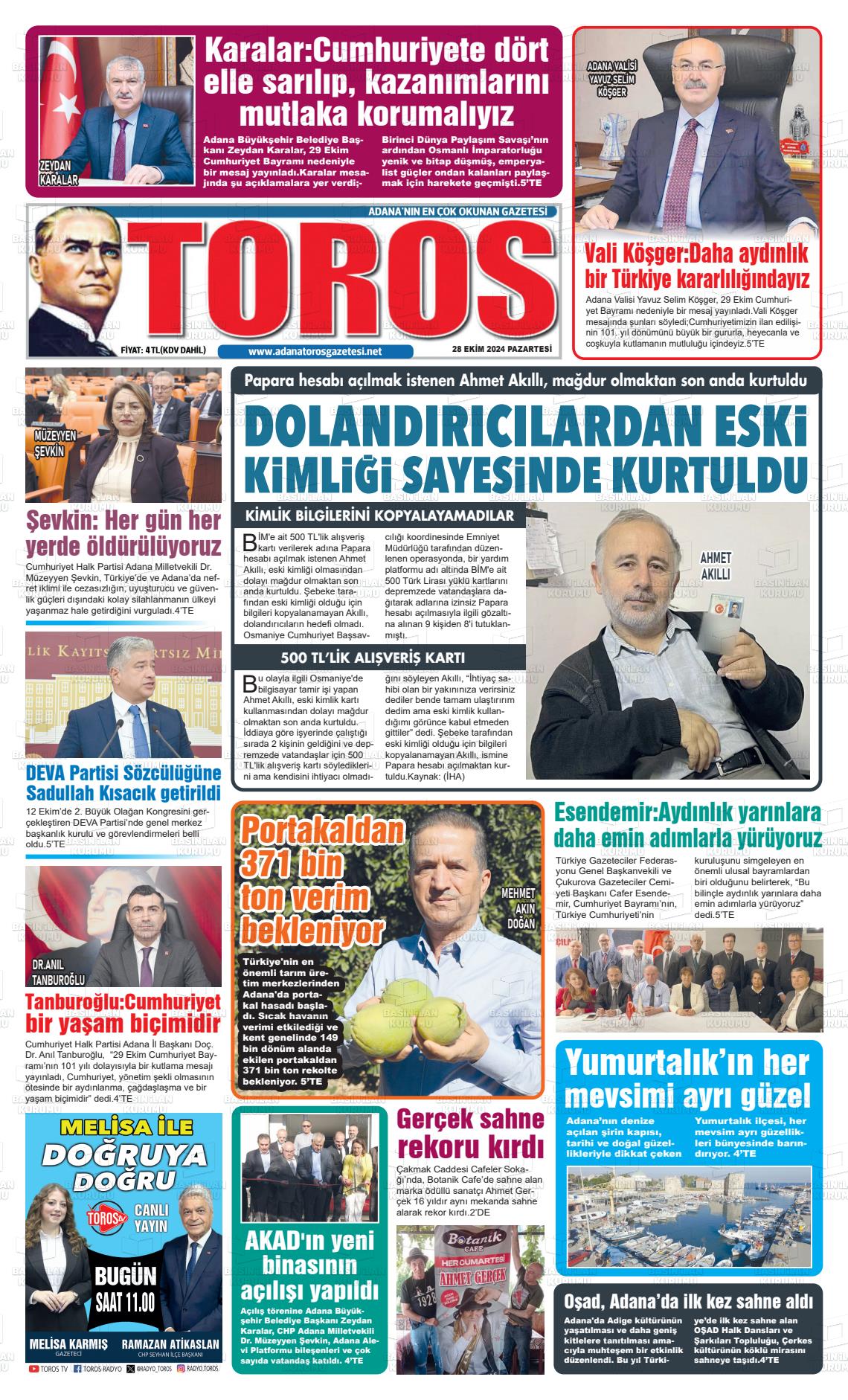 28 Ekim 2024 Toros Gazete Manşeti