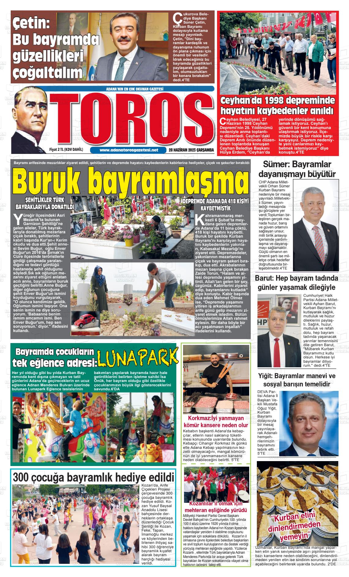 28 Haziran 2023 Toros Gazete Manşeti