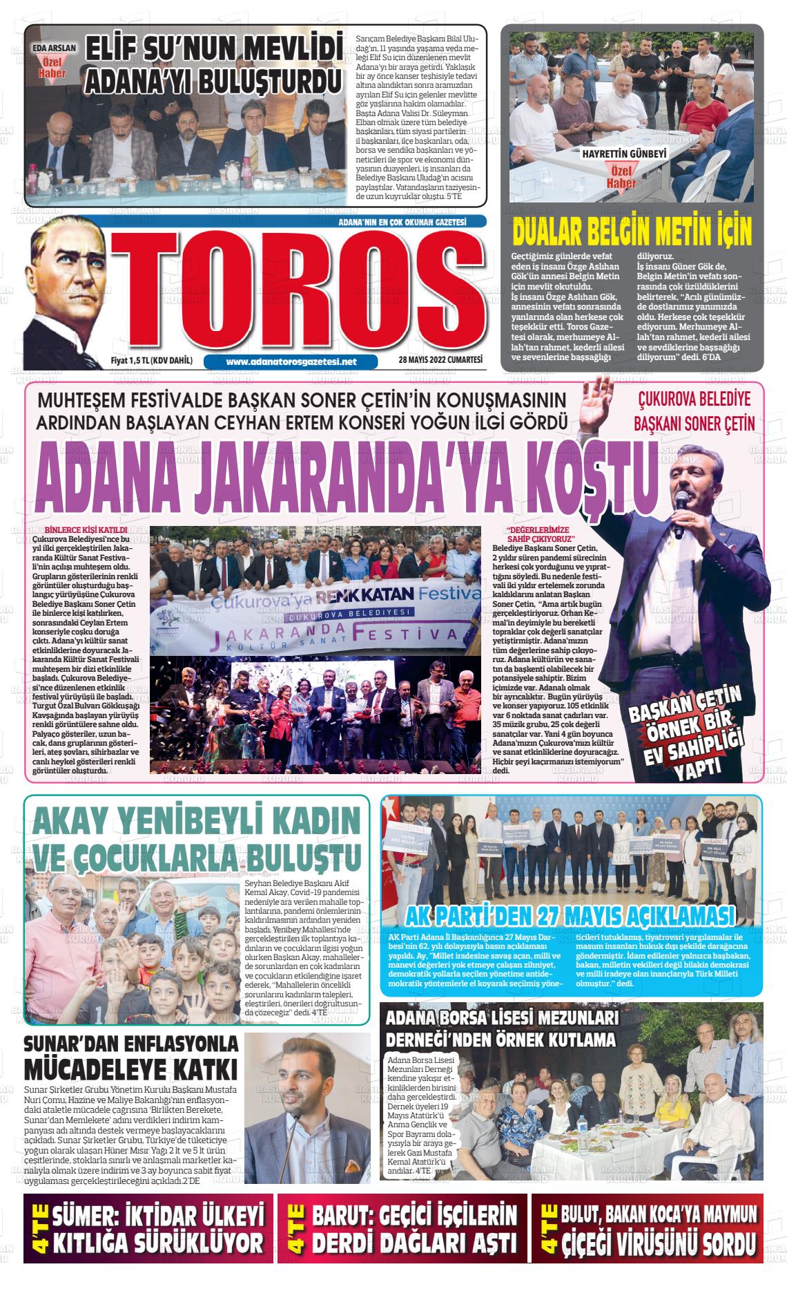 28 Mayıs 2022 Toros Gazete Manşeti