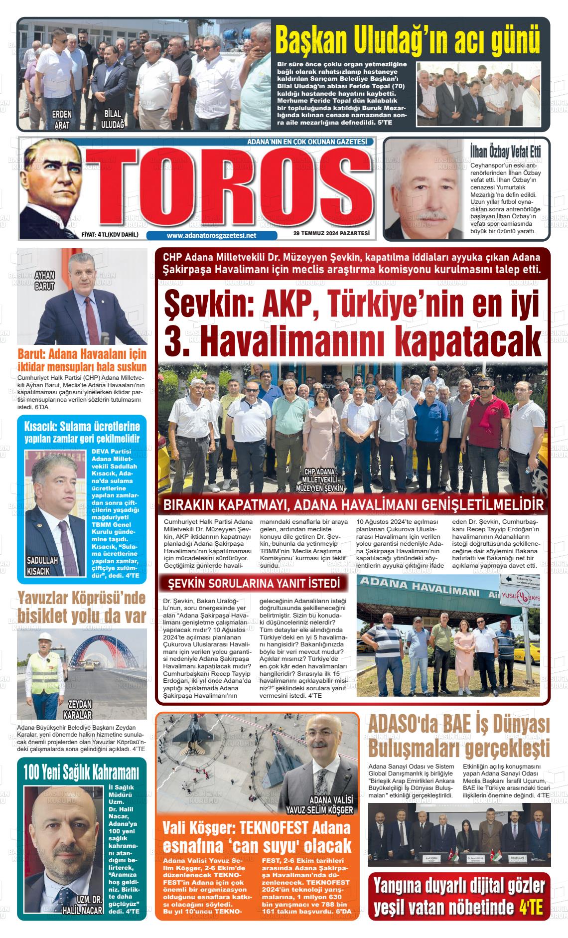 29 Temmuz 2024 Toros Gazete Manşeti