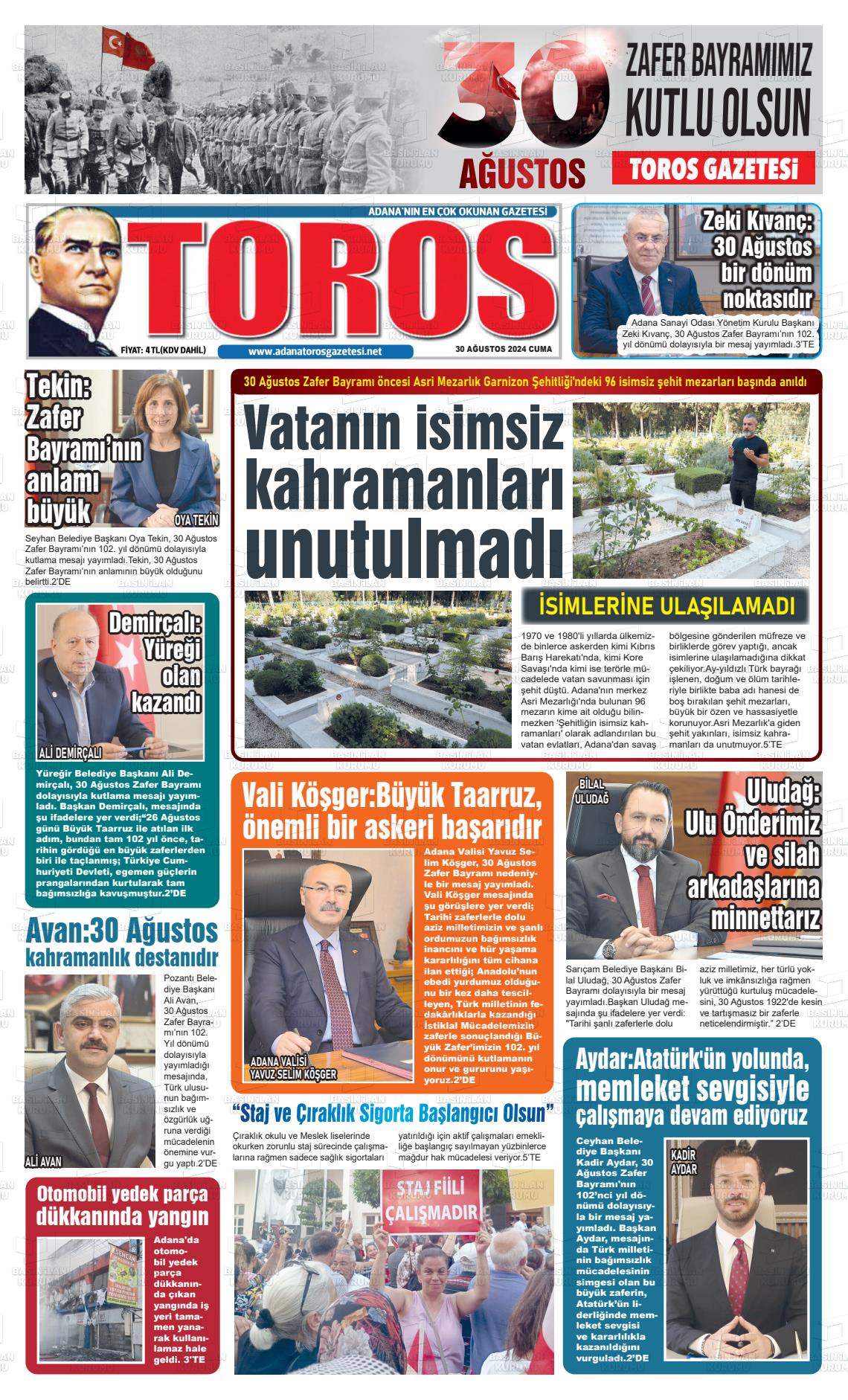 30 Ağustos 2024 Toros Gazete Manşeti