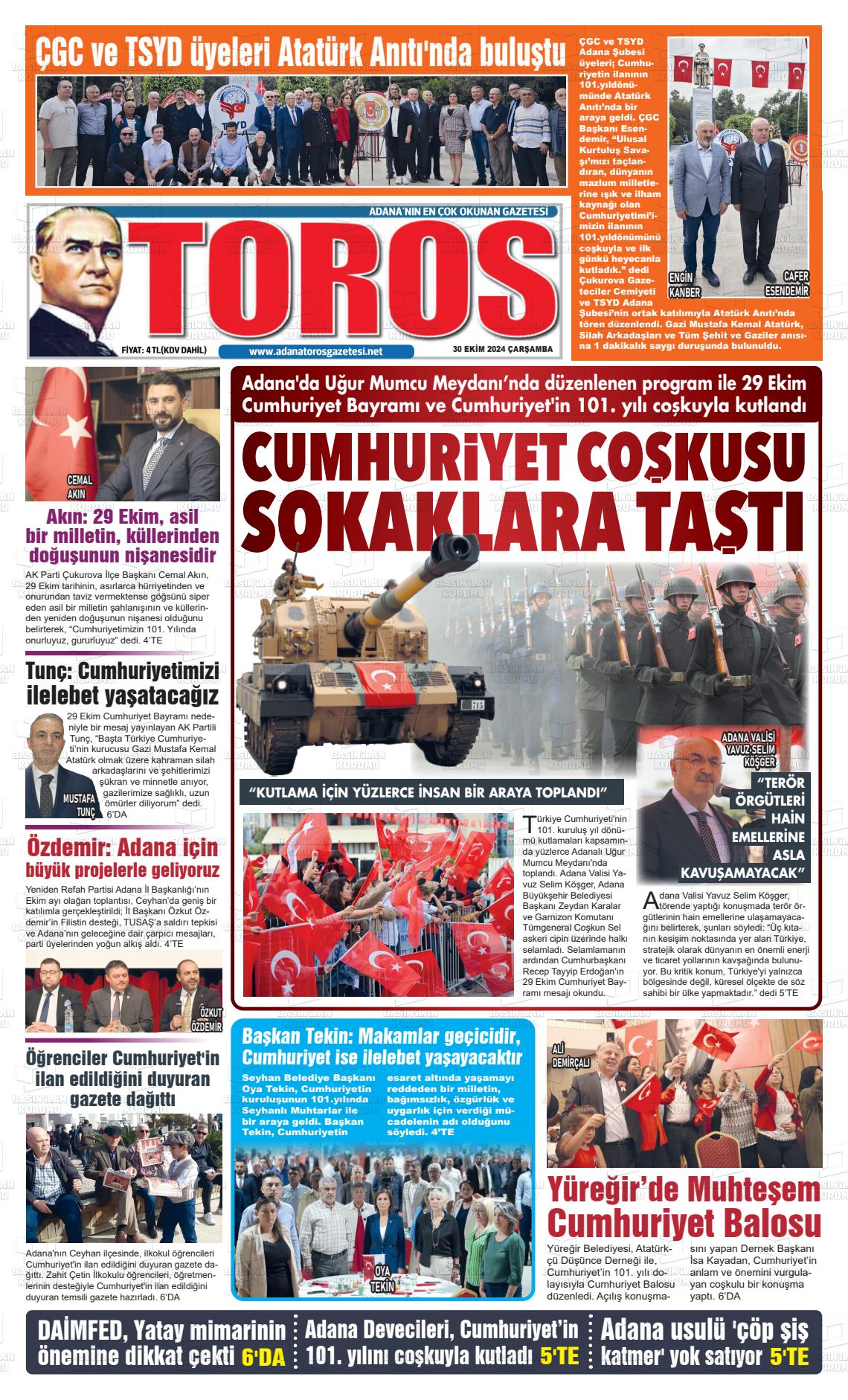 30 Ekim 2024 Toros Gazete Manşeti