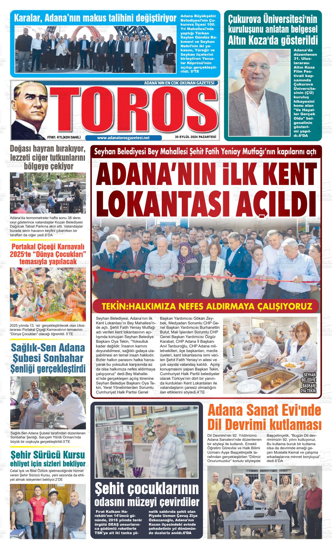 30 Eylül 2024 Toros Gazete Manşeti