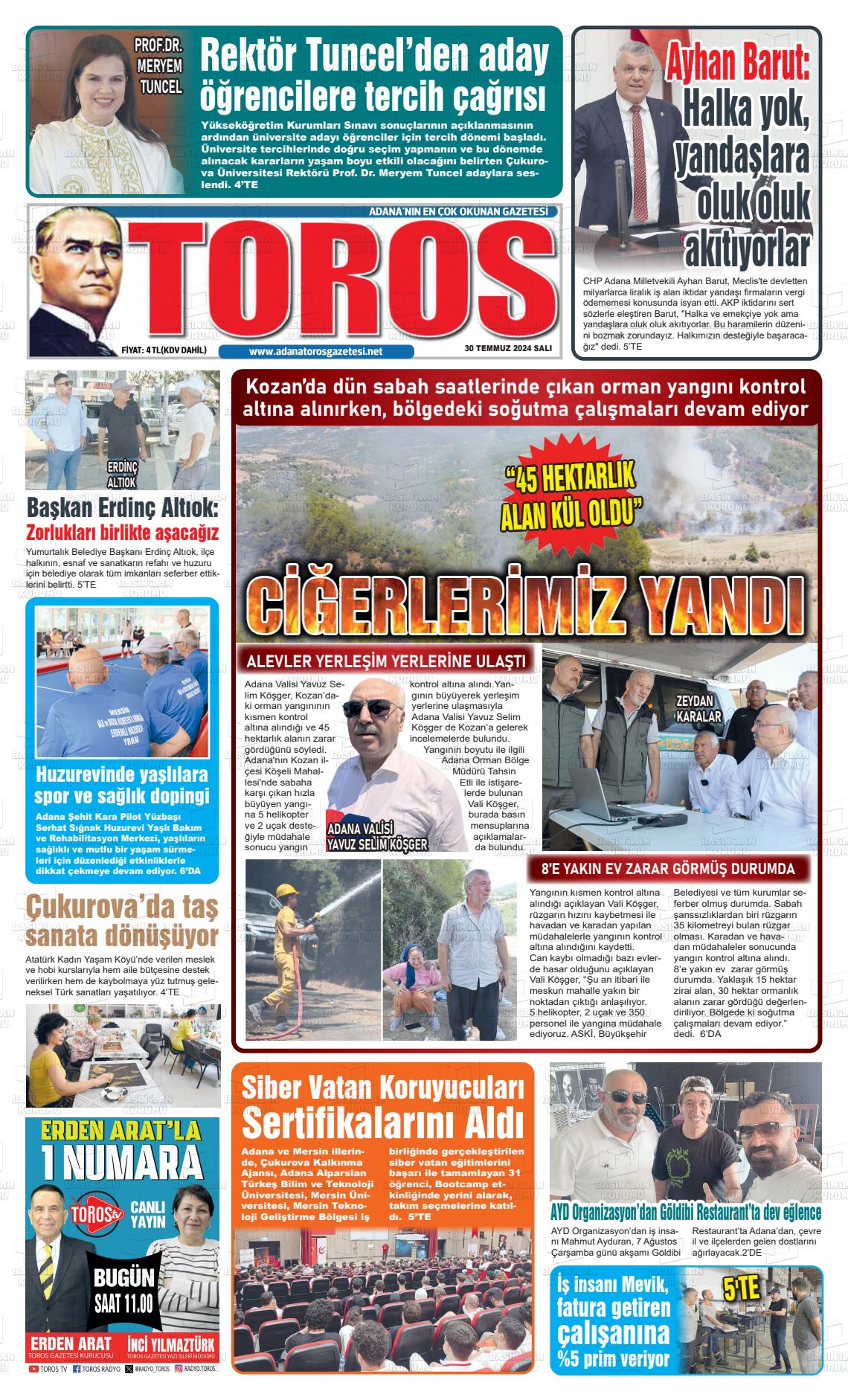 30 Temmuz 2024 Toros Gazete Manşeti