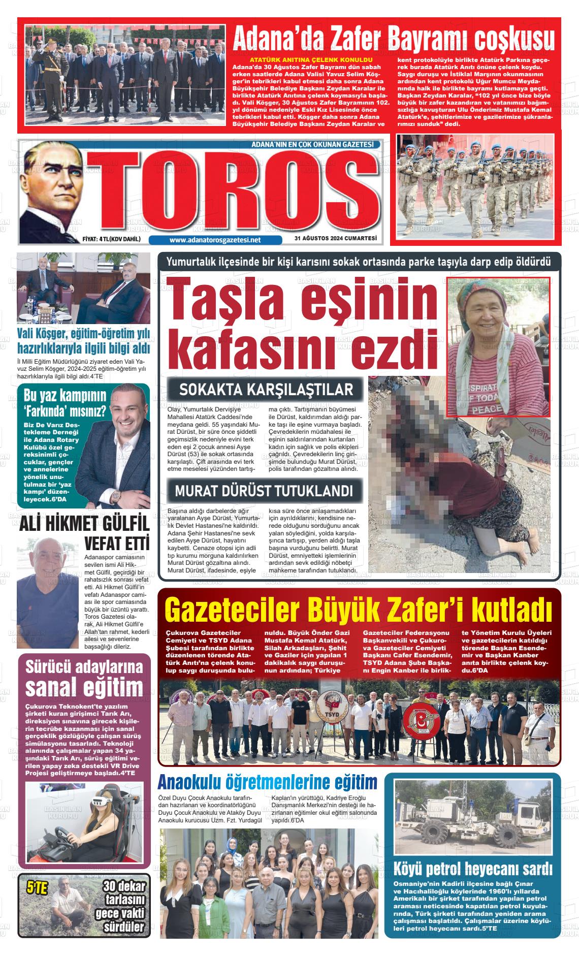 31 Ağustos 2024 Toros Gazete Manşeti