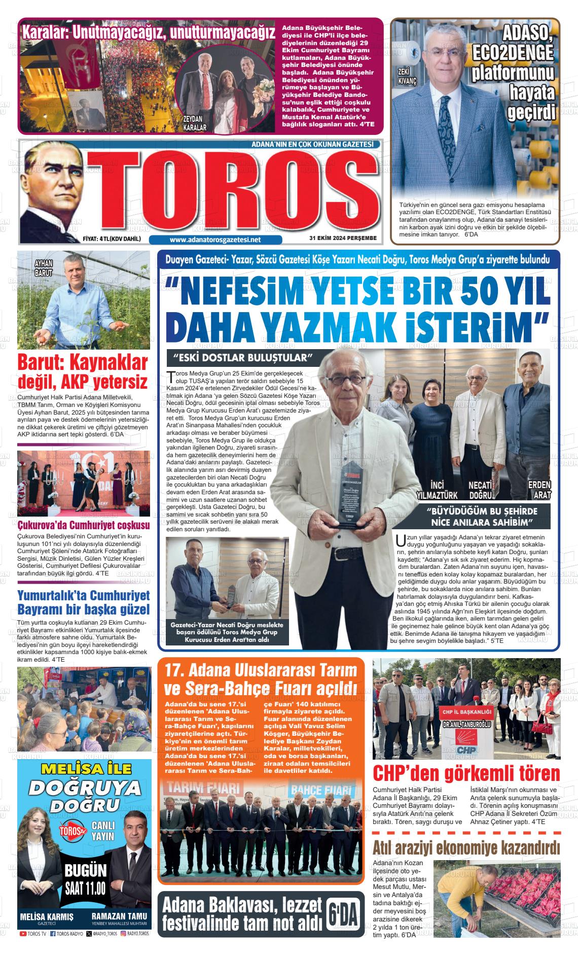 31 Ekim 2024 Toros Gazete Manşeti