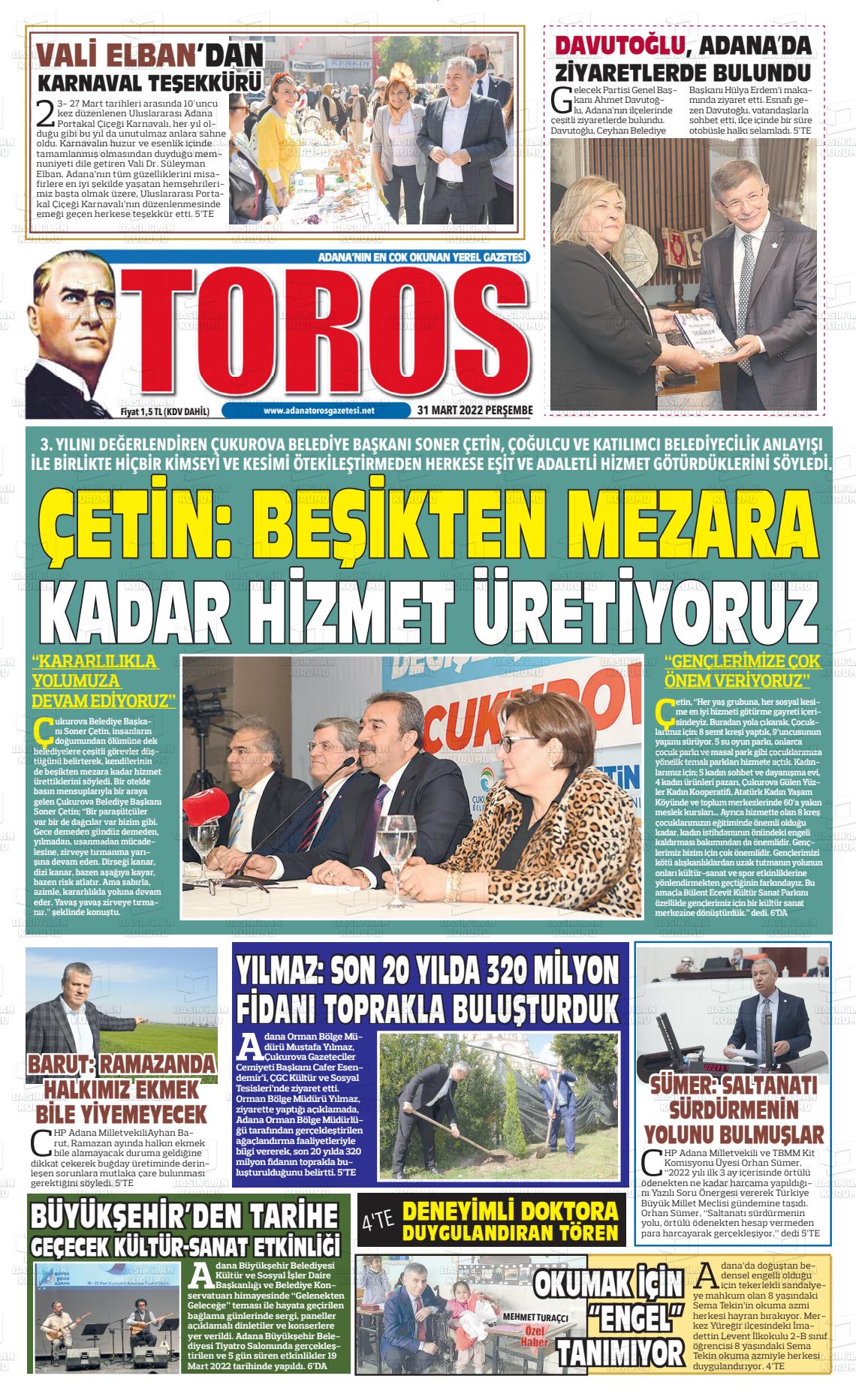 31 Mart 2022 Toros Gazete Manşeti