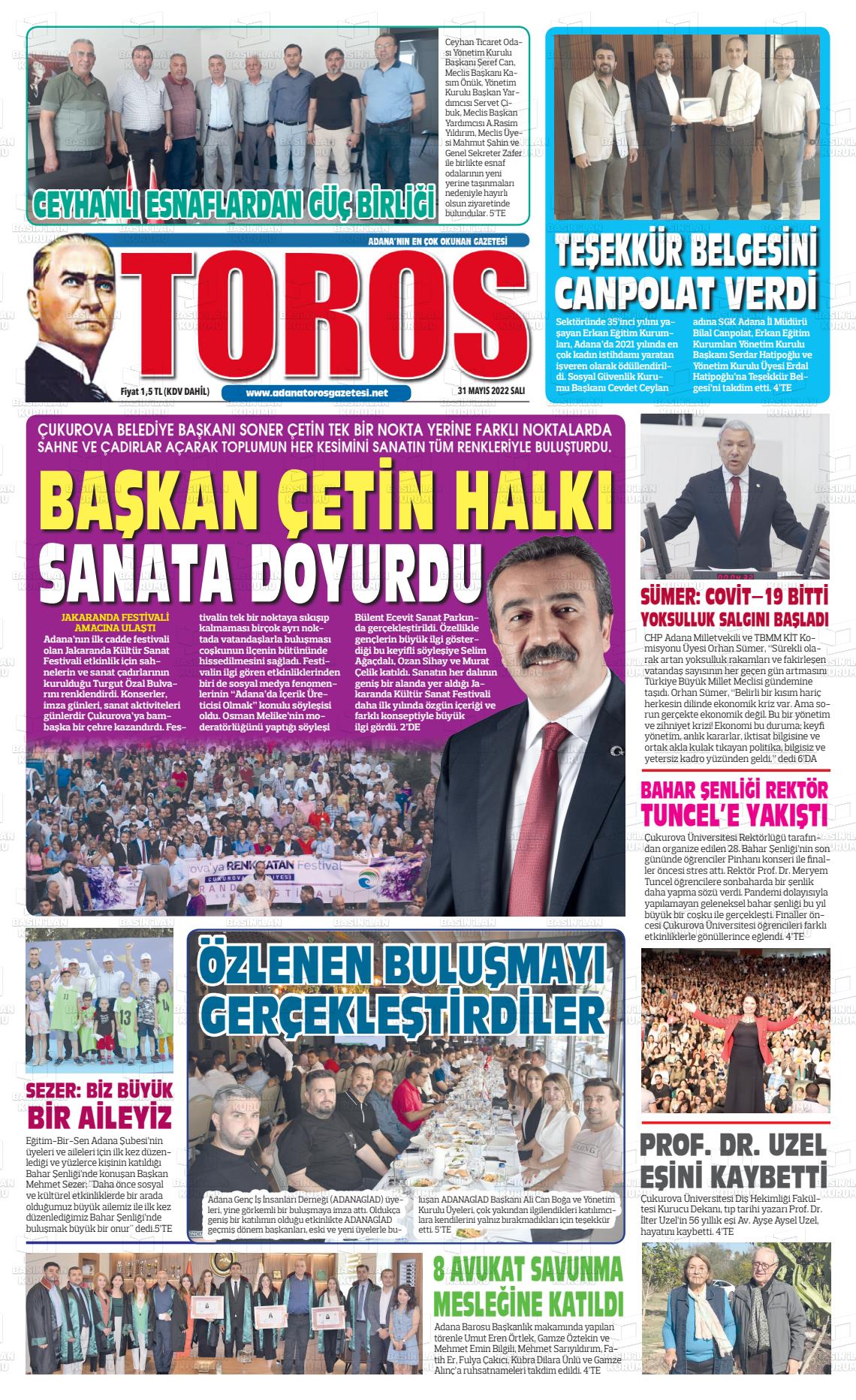 31 Mayıs 2022 Toros Gazete Manşeti