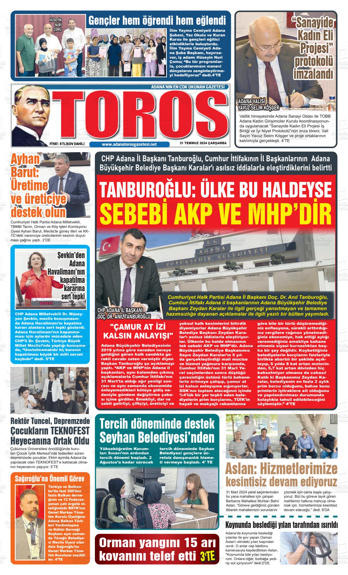 31 Temmuz 2024 Toros Gazete Manşeti