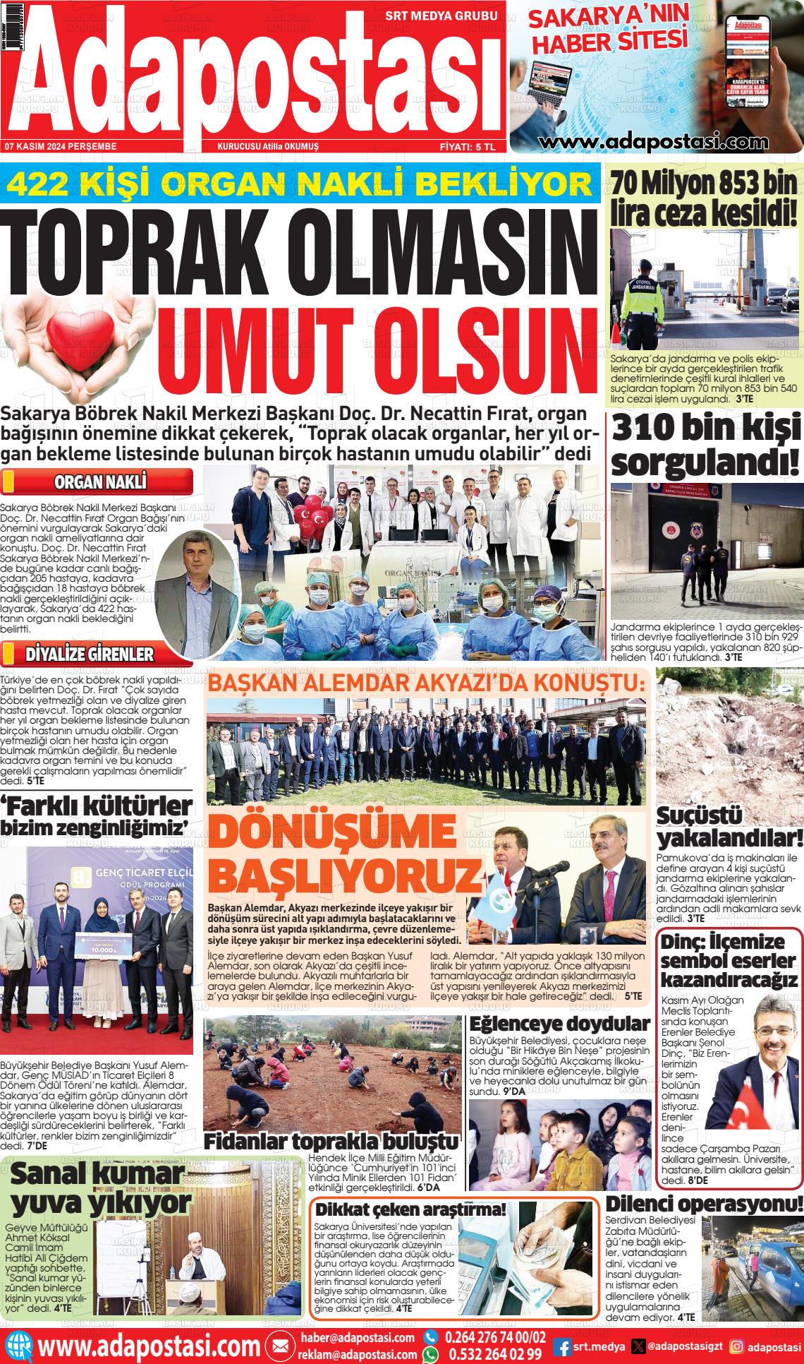 07 Kasım 2024 Ada Postası Gazete Manşeti