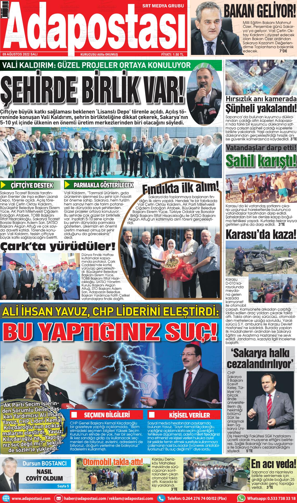 09 Ağustos 2022 Ada Postası Gazete Manşeti