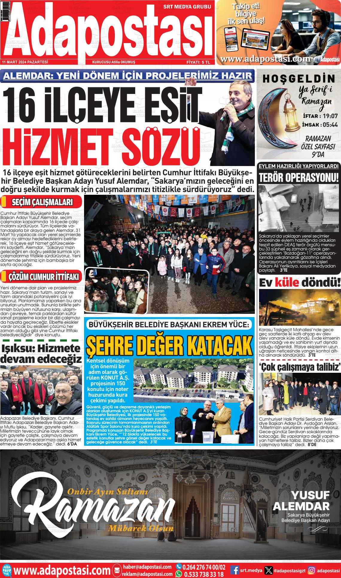 11 Mart 2024 Ada Postası Gazete Manşeti