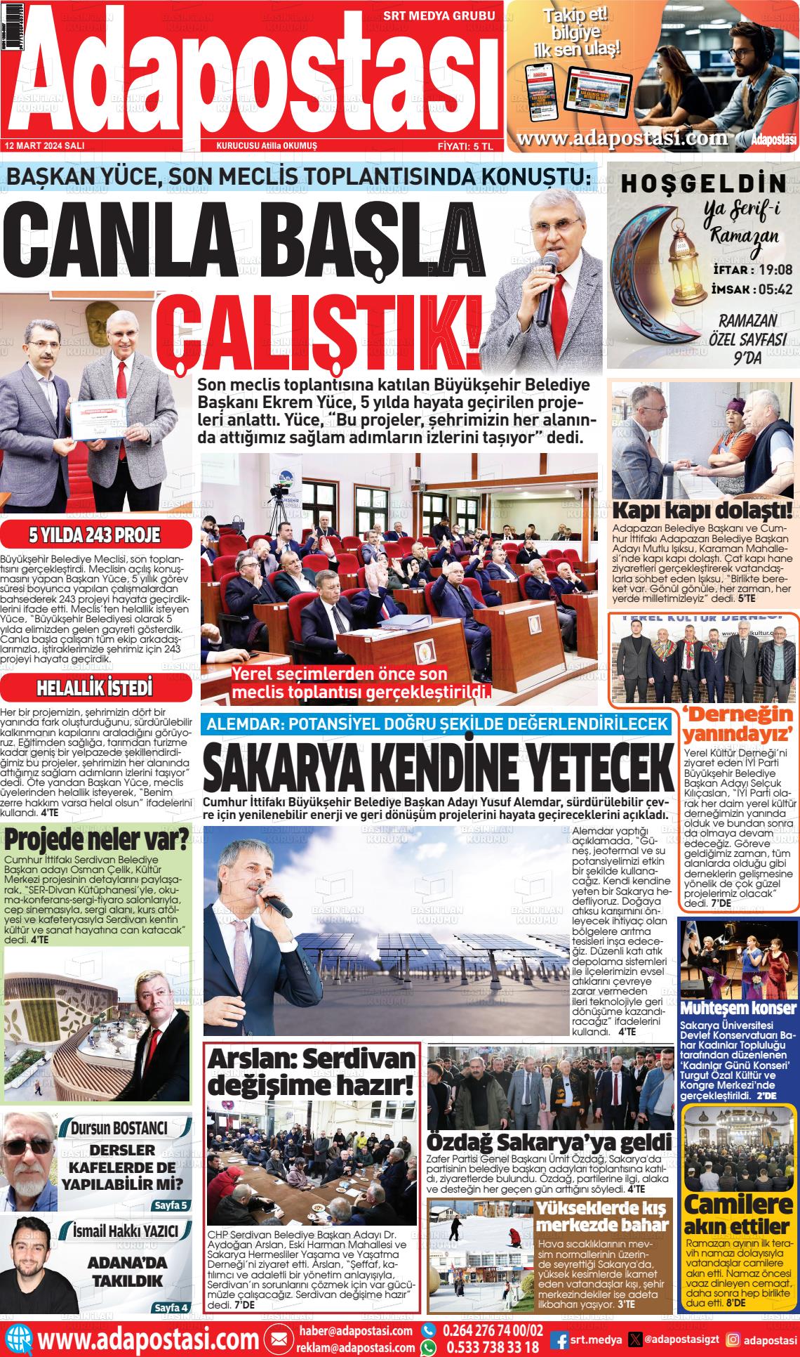 12 Mart 2024 Ada Postası Gazete Manşeti