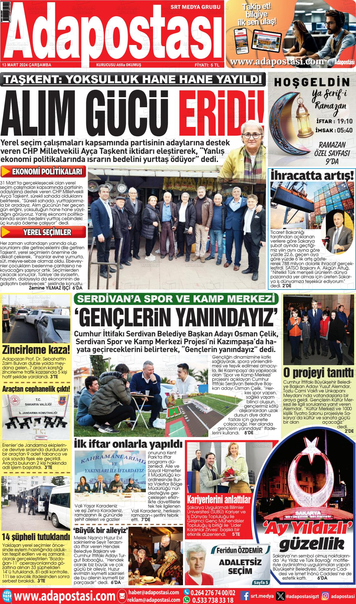 13 Mart 2024 Ada Postası Gazete Manşeti