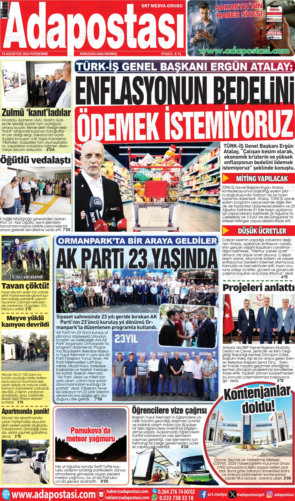 15 Ağustos 2024 Ada Postası Gazete Manşeti