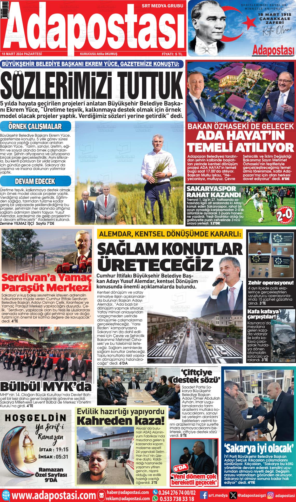 18 Mart 2024 Ada Postası Gazete Manşeti