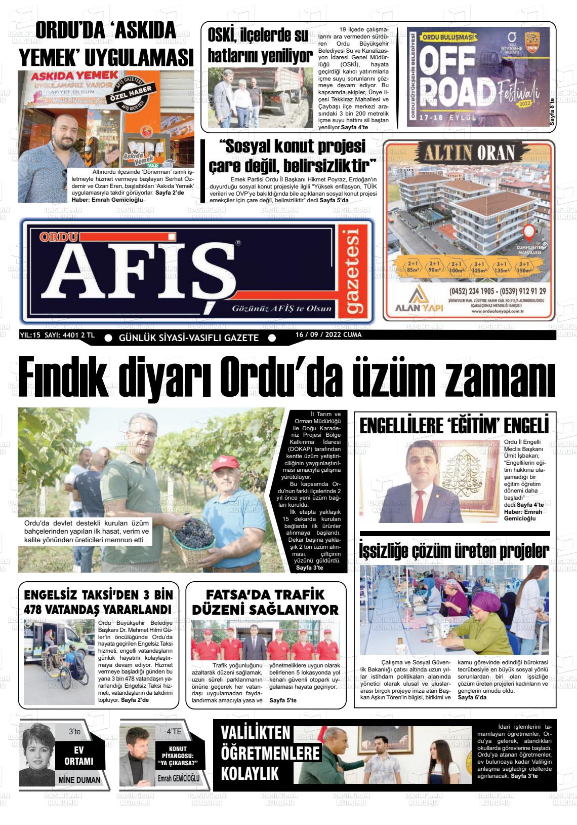 16 Eylül 2022 Ordu Afiş Gazete Manşeti