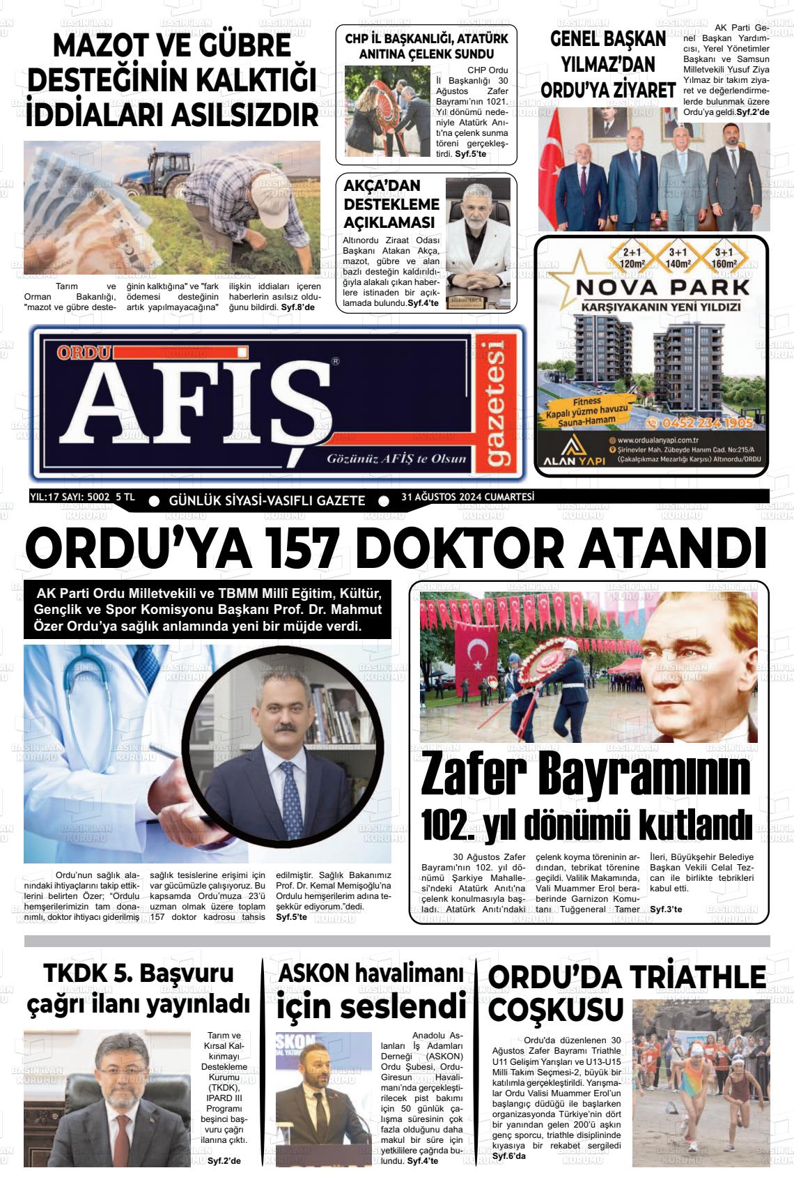 31 Ağustos 2024 Ordu Afiş Gazete Manşeti