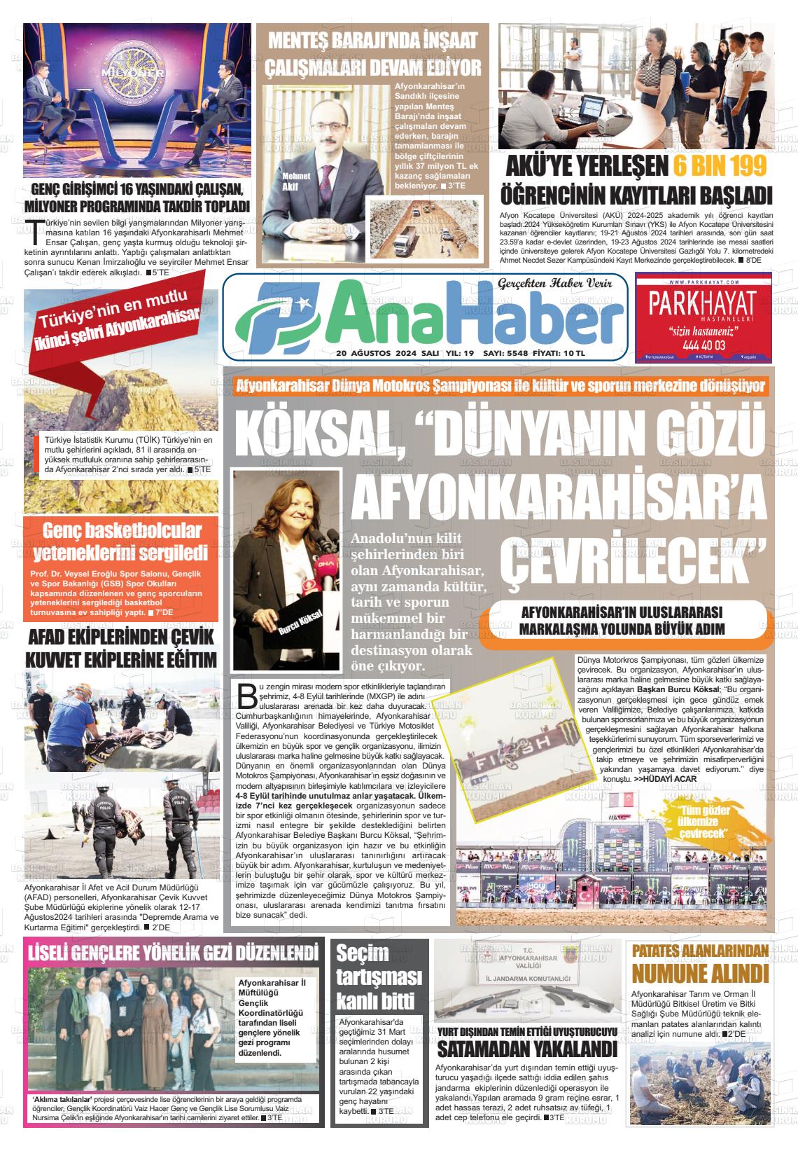 20 Ağustos 2024 Anahaber Gazete Manşeti