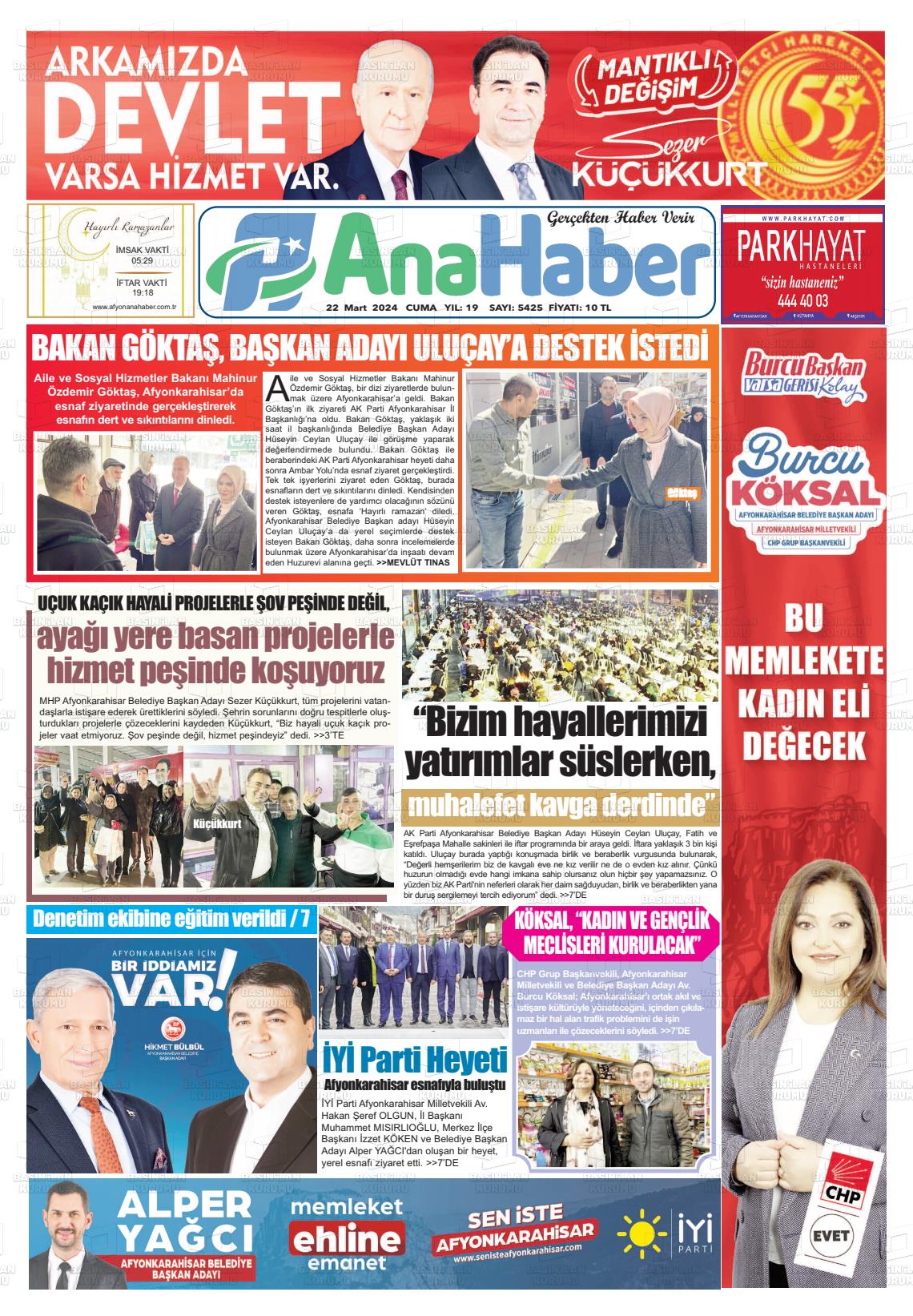 22 Mart 2024 Anahaber Gazete Manşeti