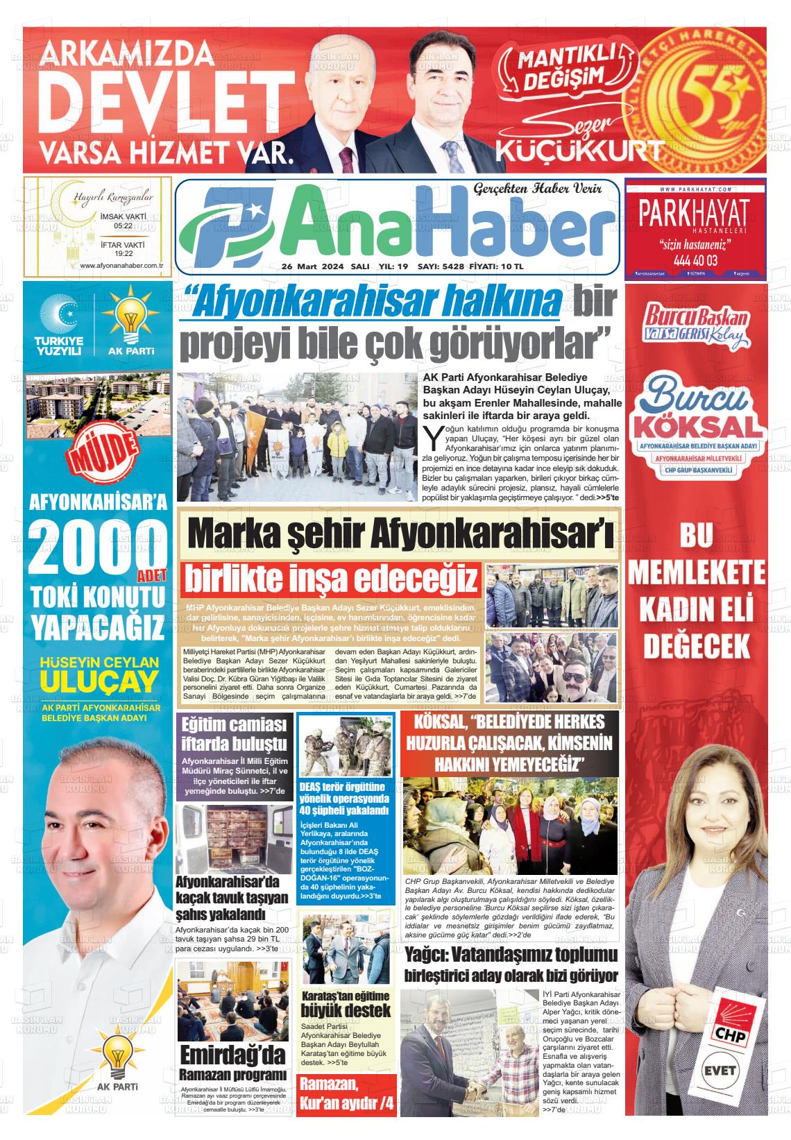 26 Mart 2024 Anahaber Gazete Manşeti