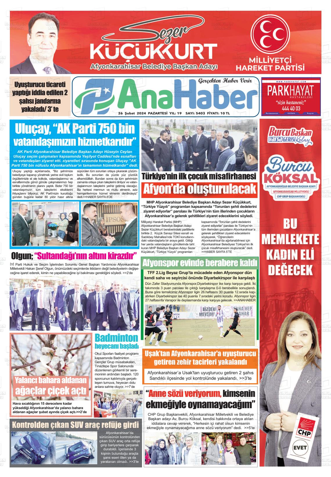 26 Şubat 2024 Anahaber Gazete Manşeti