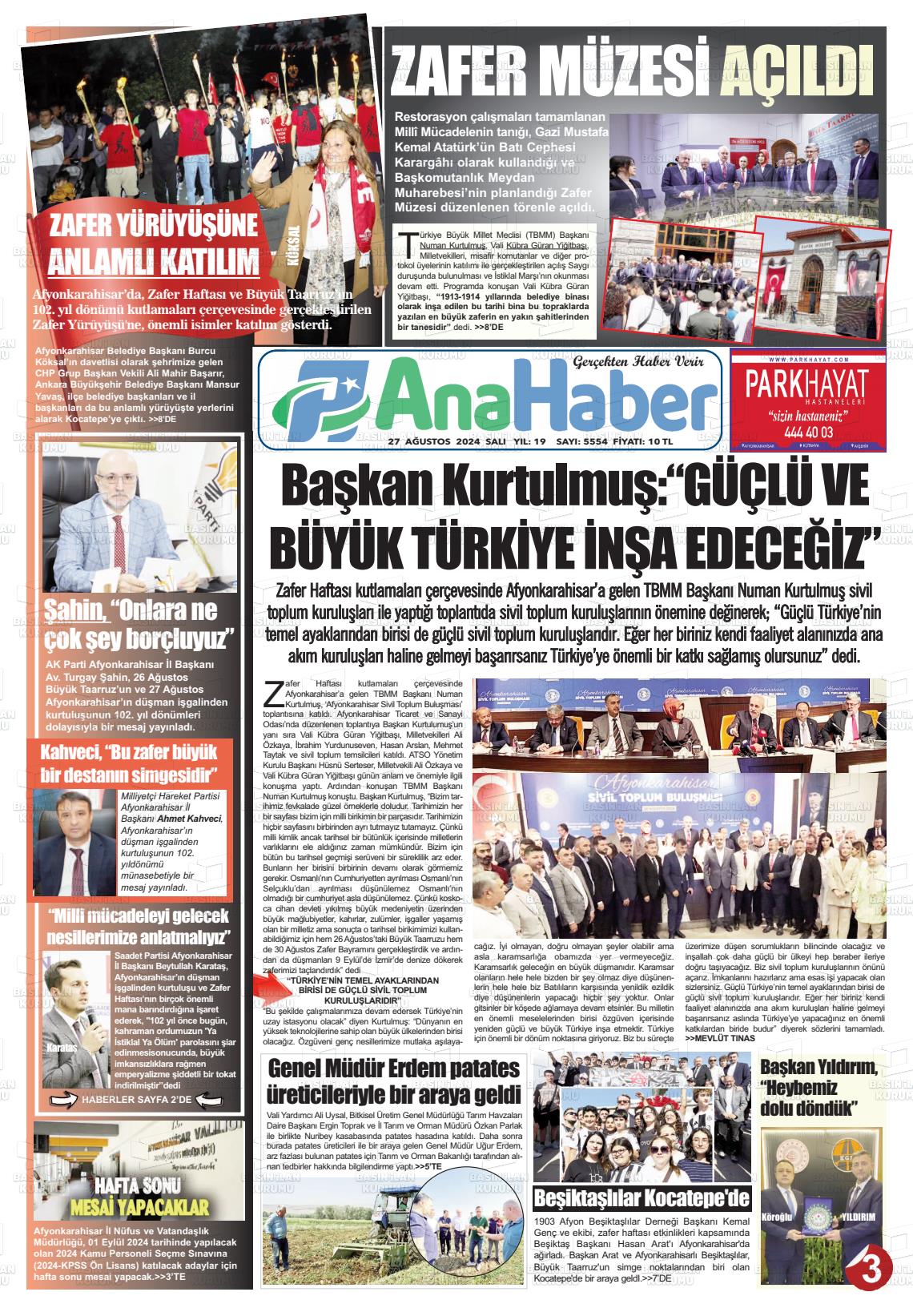 27 Ağustos 2024 Anahaber Gazete Manşeti