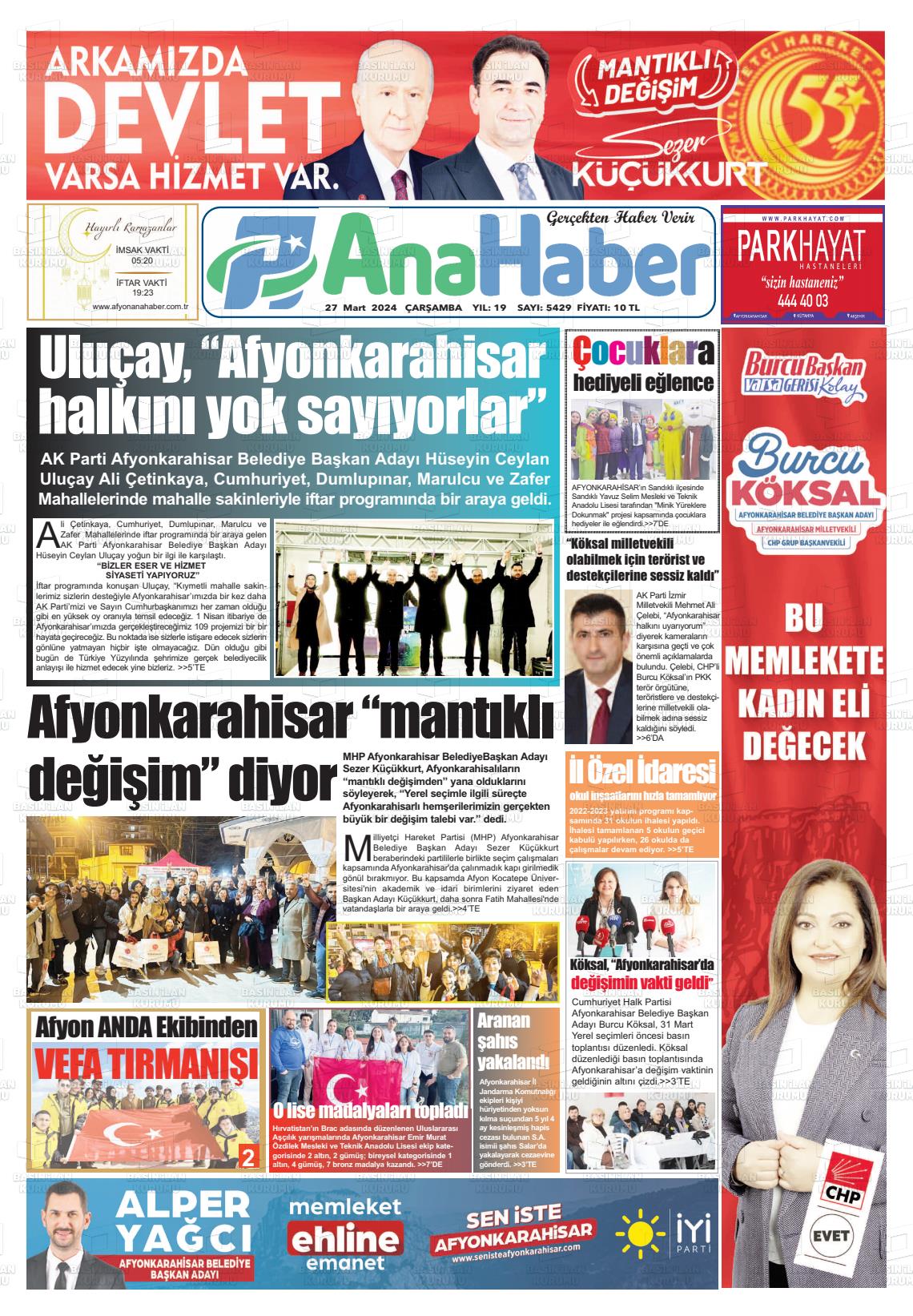 27 Mart 2024 Anahaber Gazete Manşeti