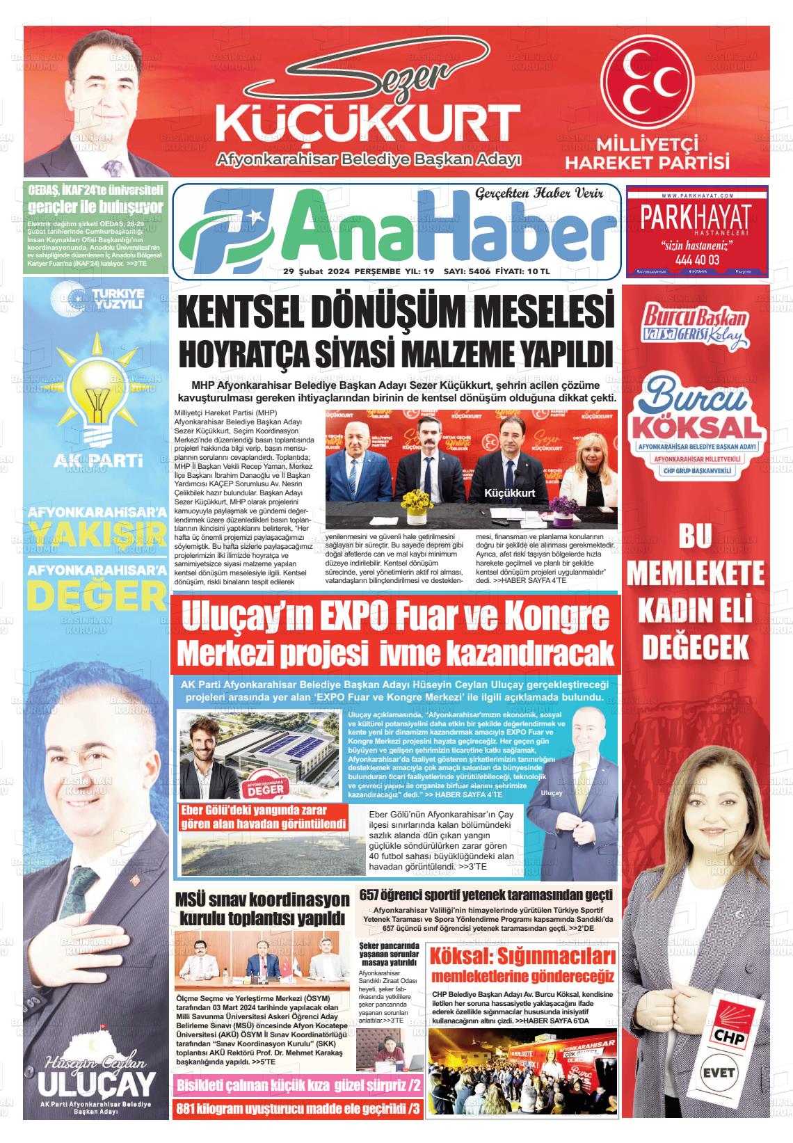 29 Şubat 2024 Anahaber Gazete Manşeti