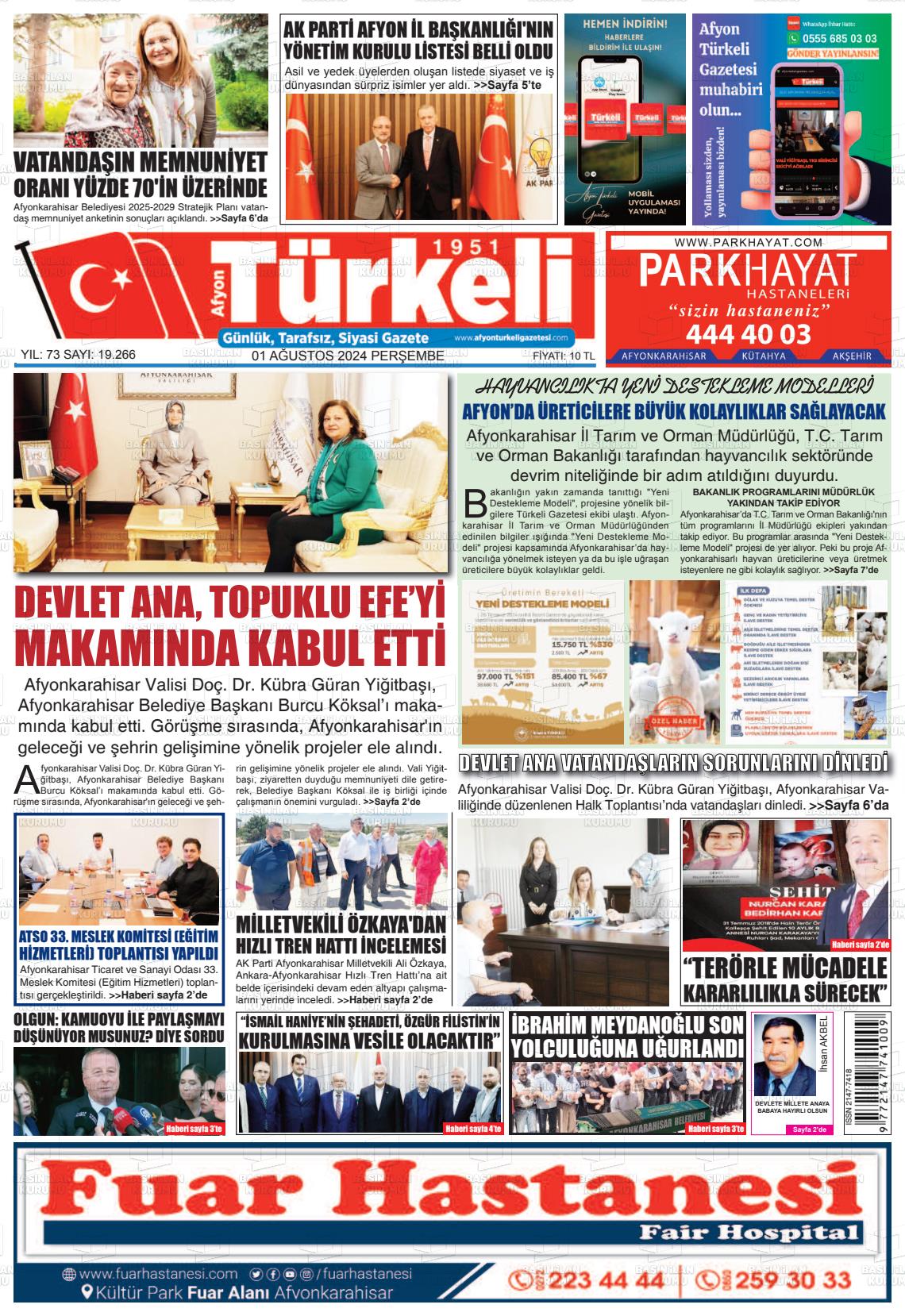 01 Ağustos 2024 Afyon Türkeli Gazete Manşeti