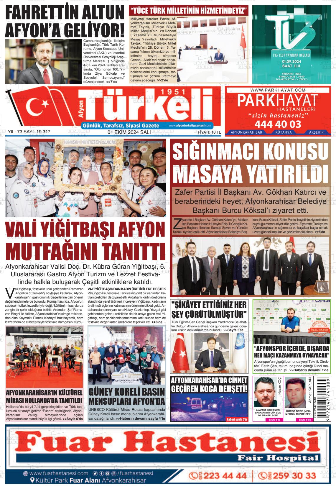 01 Ekim 2024 Afyon Türkeli Gazete Manşeti