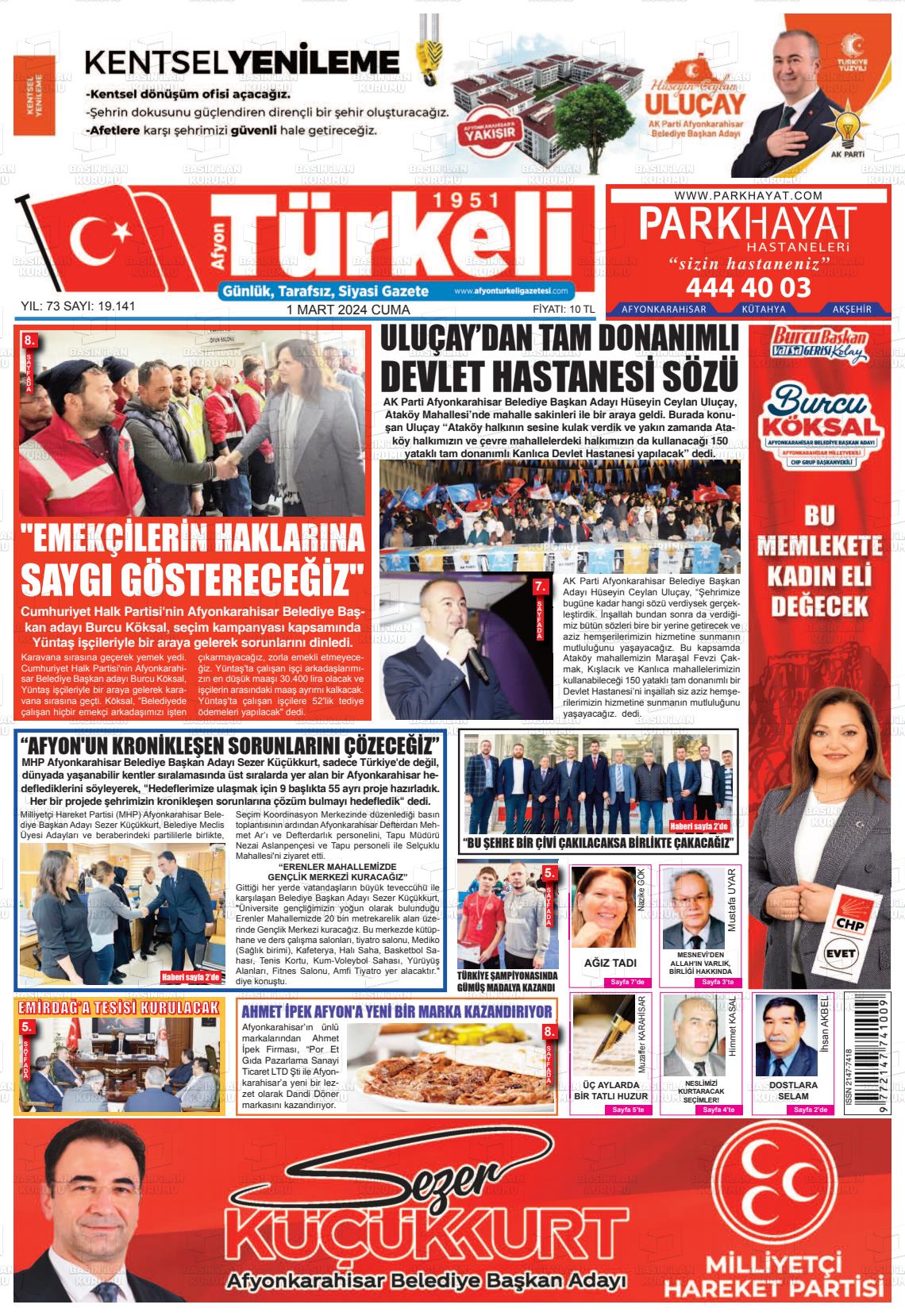 01 Mart 2024 Afyon Türkeli Gazete Manşeti