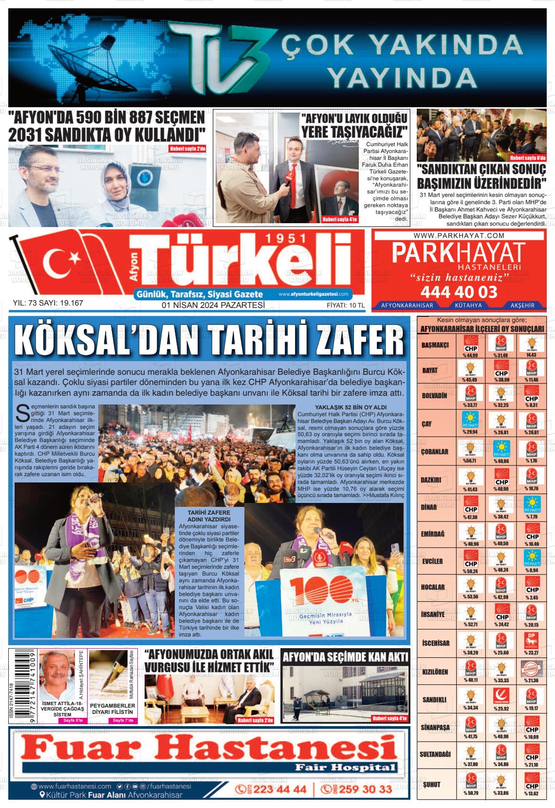 01 Nisan 2024 Afyon Türkeli Gazete Manşeti