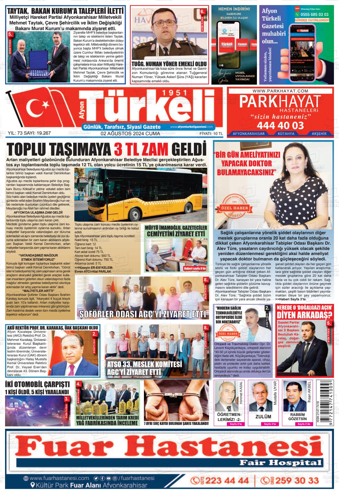 02 Ağustos 2024 Afyon Türkeli Gazete Manşeti