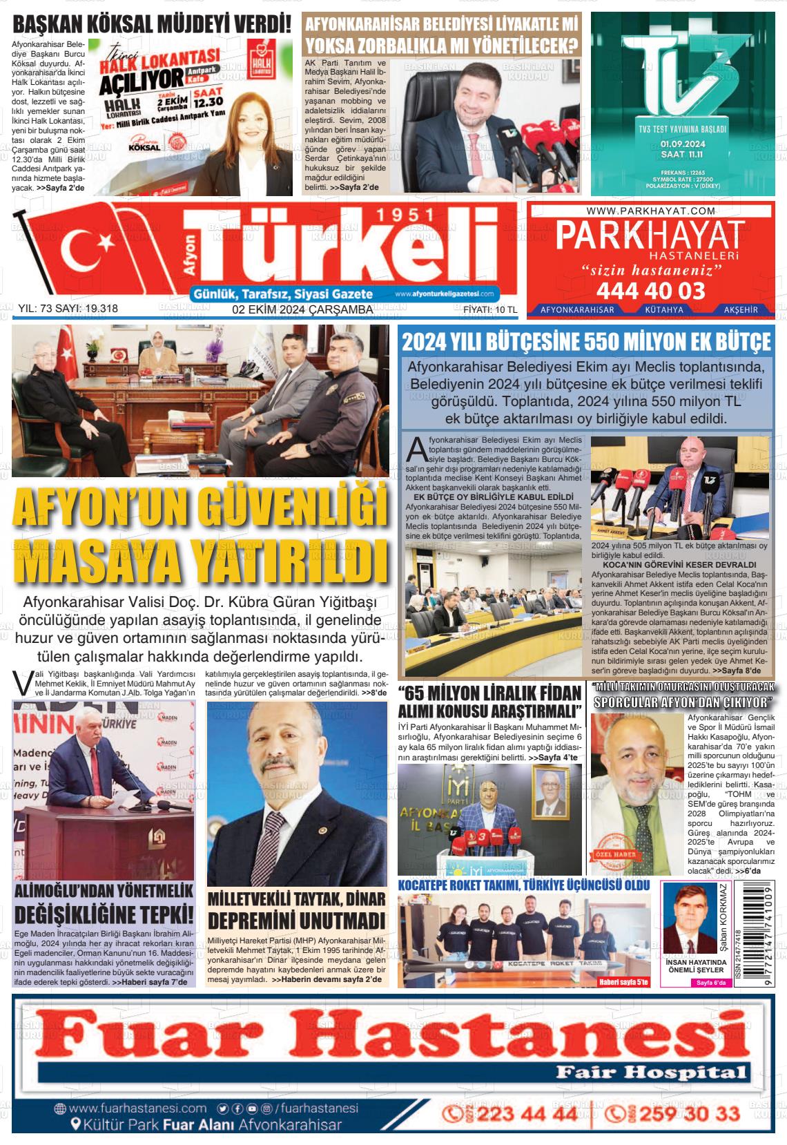 02 Ekim 2024 Afyon Türkeli Gazete Manşeti