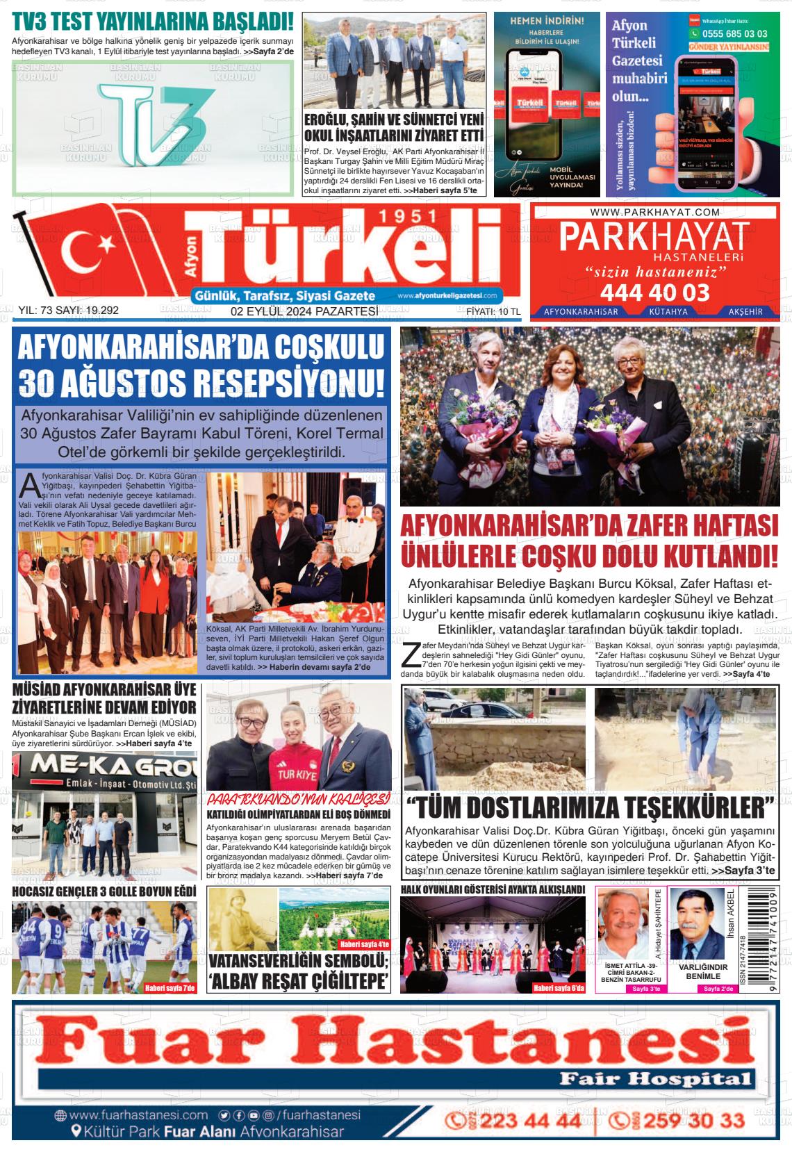 02 Eylül 2024 Afyon Türkeli Gazete Manşeti