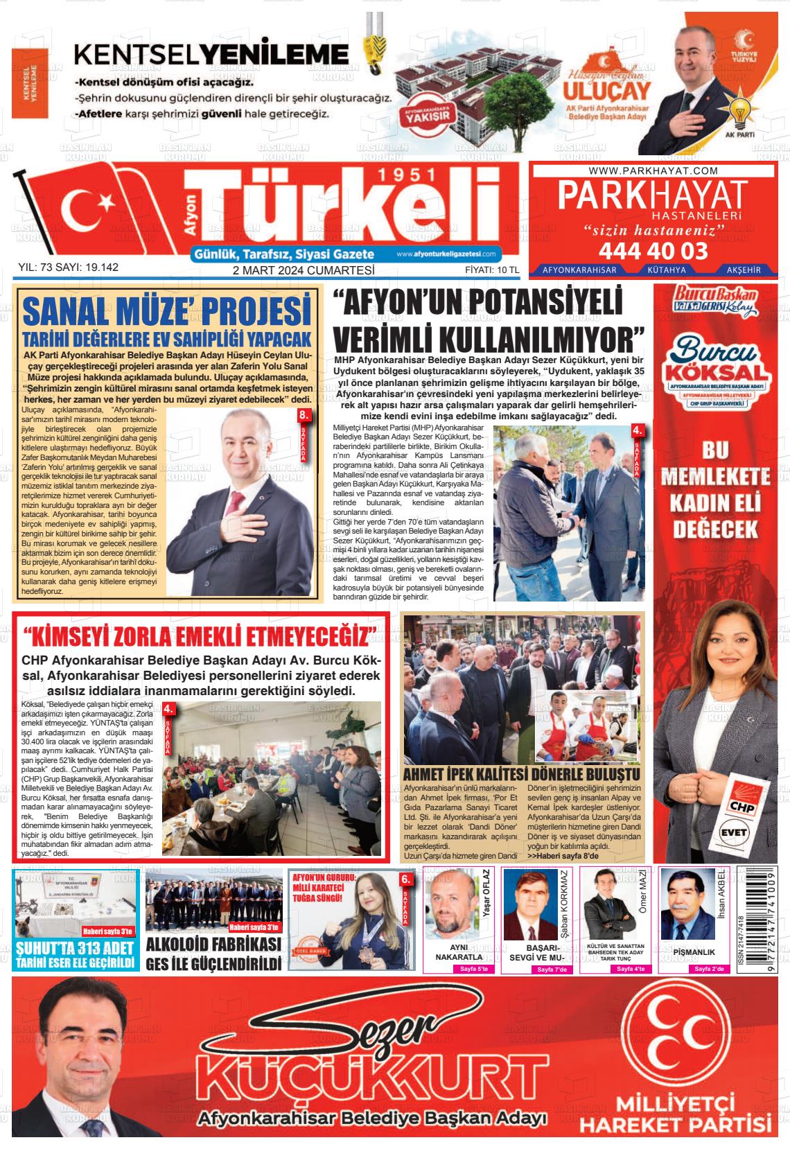 02 Mart 2024 Afyon Türkeli Gazete Manşeti