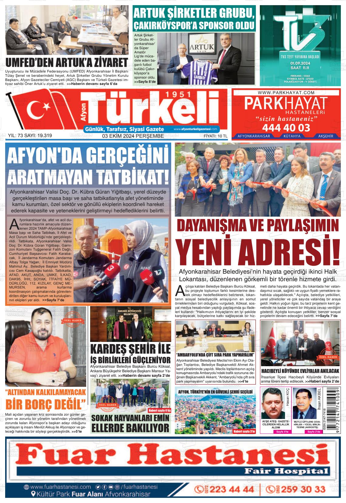 03 Ekim 2024 Afyon Türkeli Gazete Manşeti